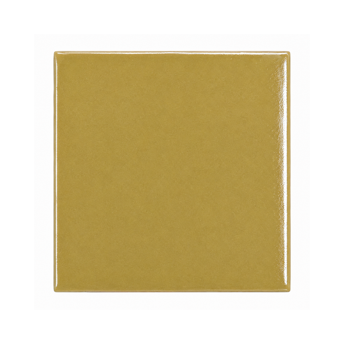 A glossy mustard yellow square ceramic wall tile gleams against a clean white background.