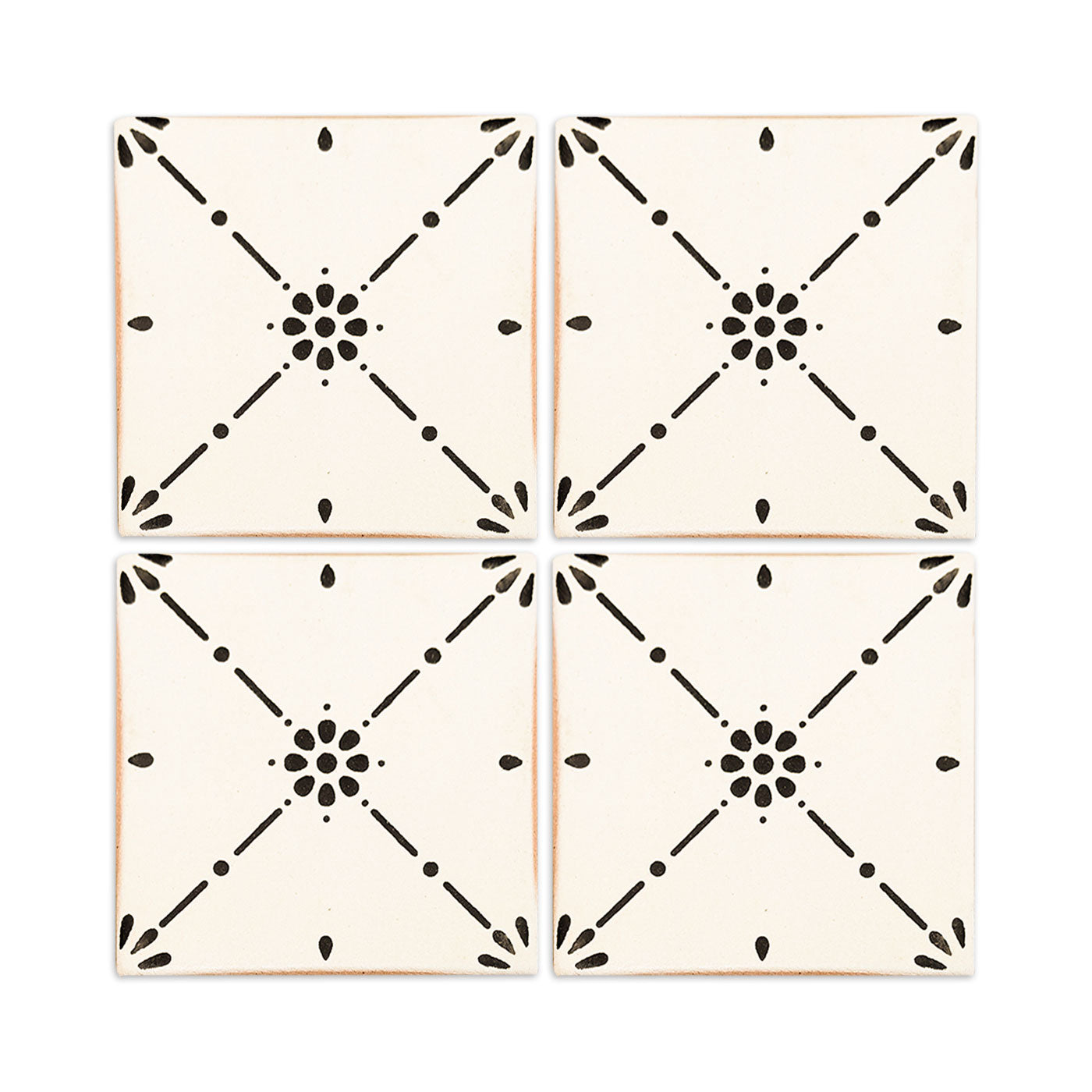 Off-white sample tile by Clay Imports with rustic brown edges, featuring a black Anejo Flecha geometric and floral pattern, shown as four joined tiles.