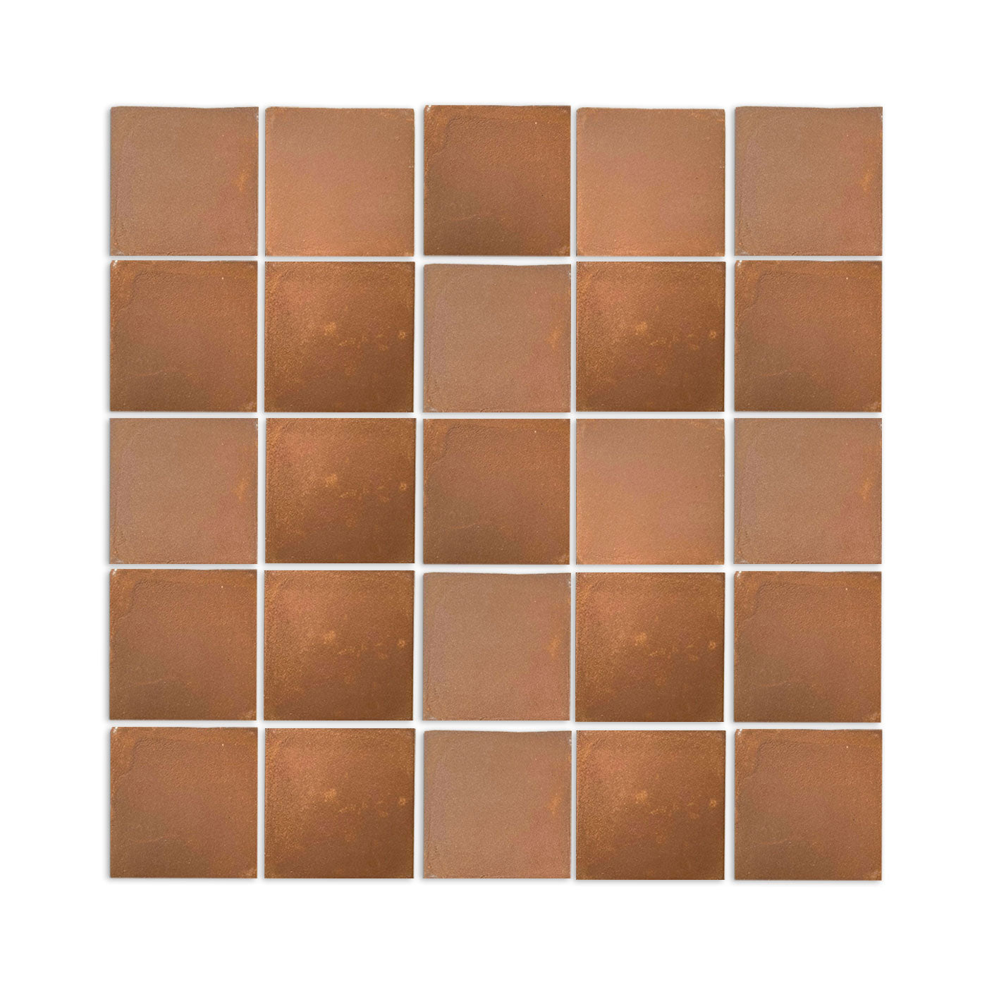 Cotto Umber 4.25x4.25 sample by Clay Imports, showing multiple rustic, square, terracotta tiles in a grid.