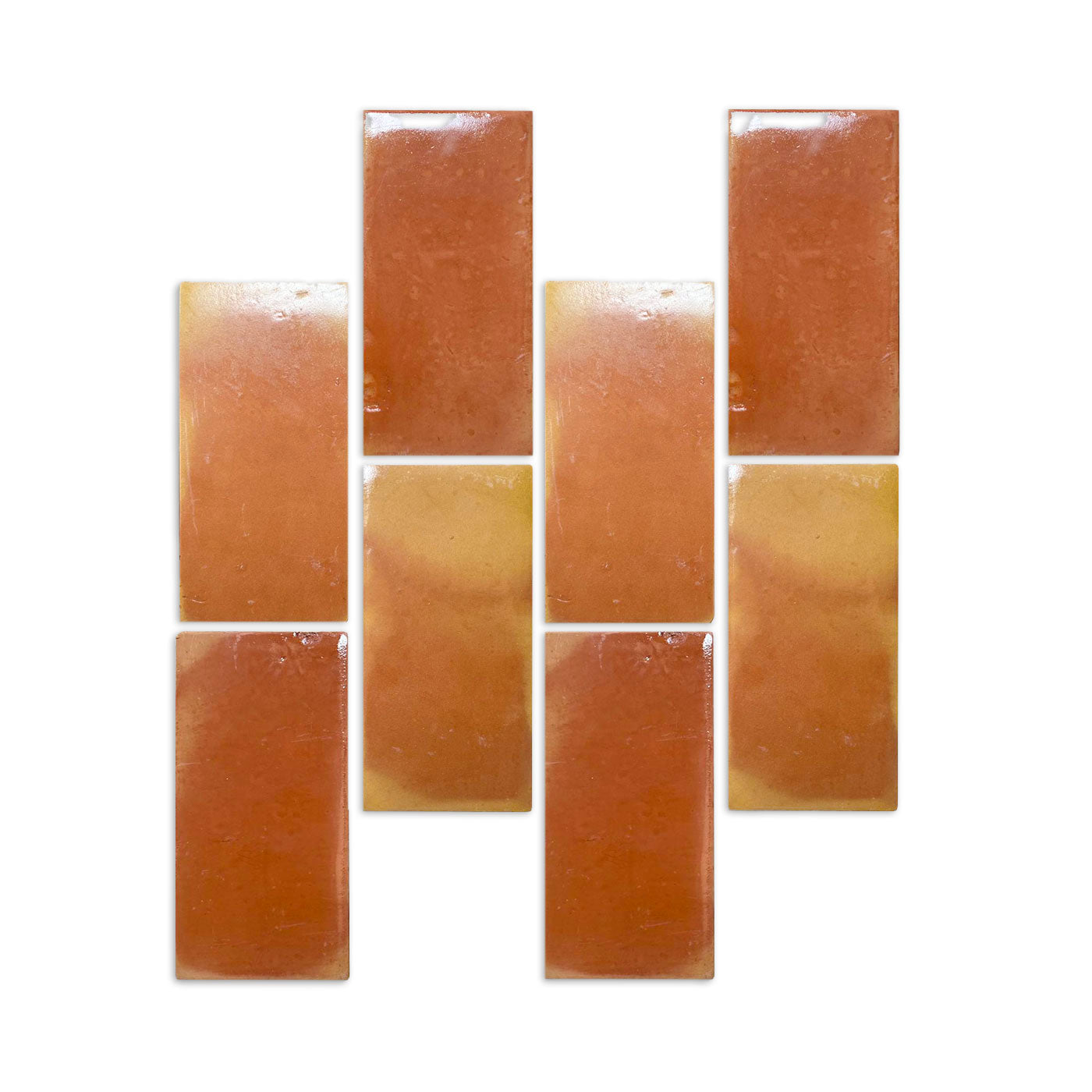 Smooth Gloss 4x8 sample tiles by Clay Imports, featuring varied warm orange-brown tones and a glossy finish, arranged in an H-pattern.