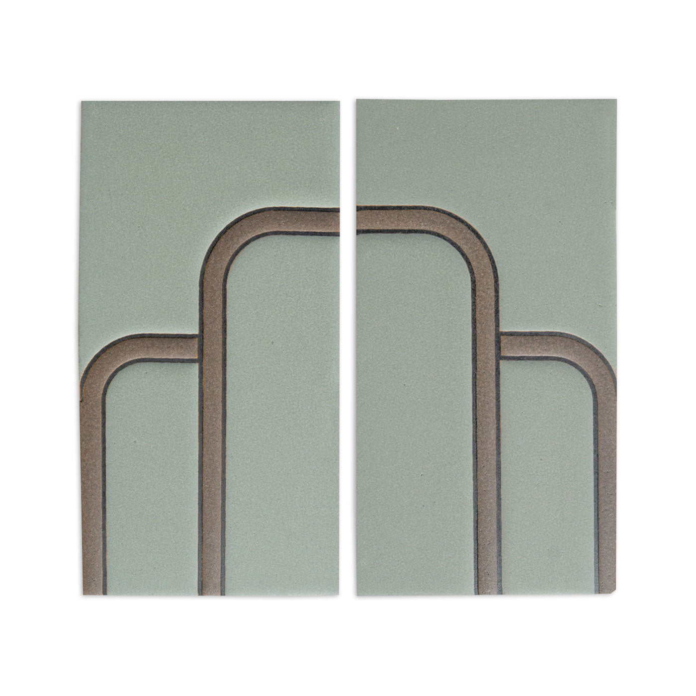 Agave Gallo 4x8 sample tile by Clay Imports, in light green with a symmetrical brown rounded line pattern.