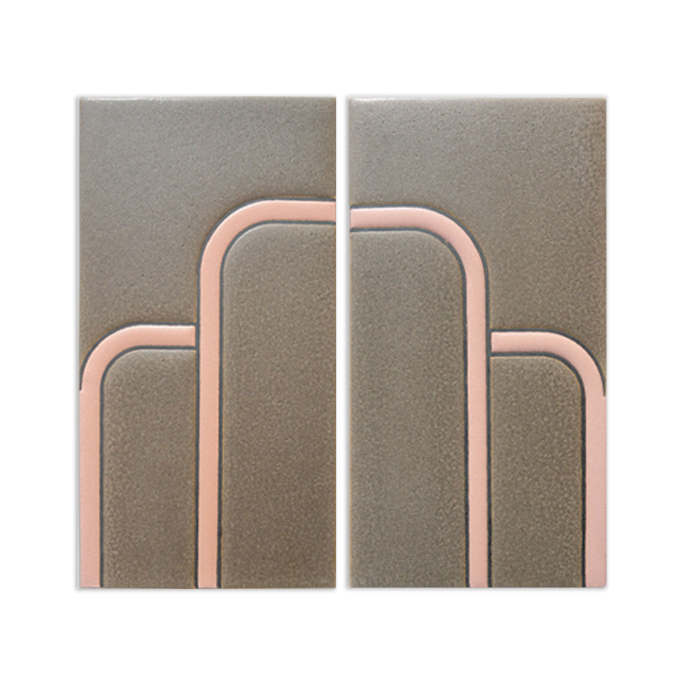 Two rectangular grey tile samples by Clay Imports featuring raised peach curved lines.