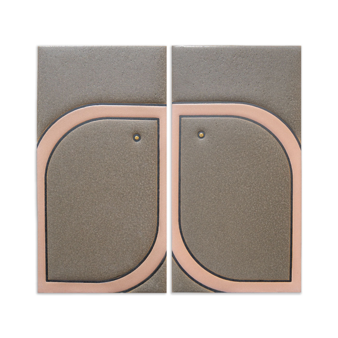 Grey and copper decorative tile set by Clay Imports, featuring two mirrored rounded geometric designs with brass studs.