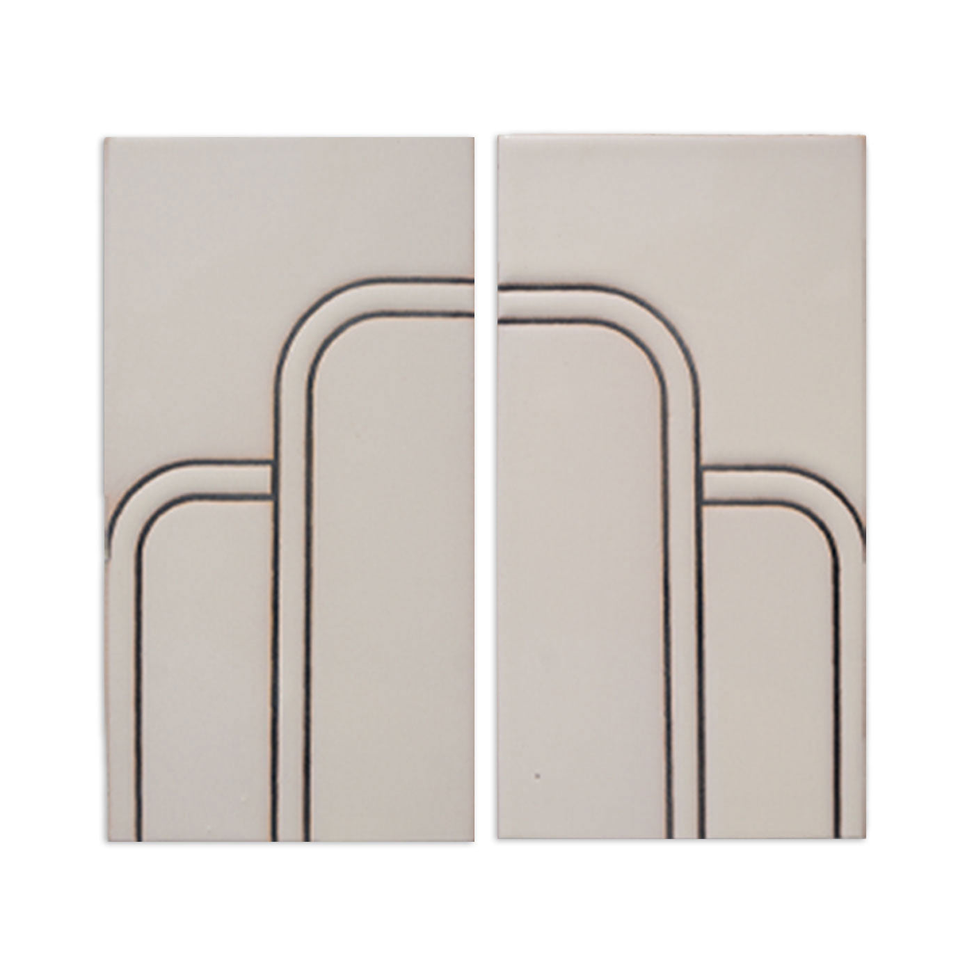 Light grey SAMPLE tile by Clay Imports featuring a raised linear art deco pattern on two rectangular pieces.