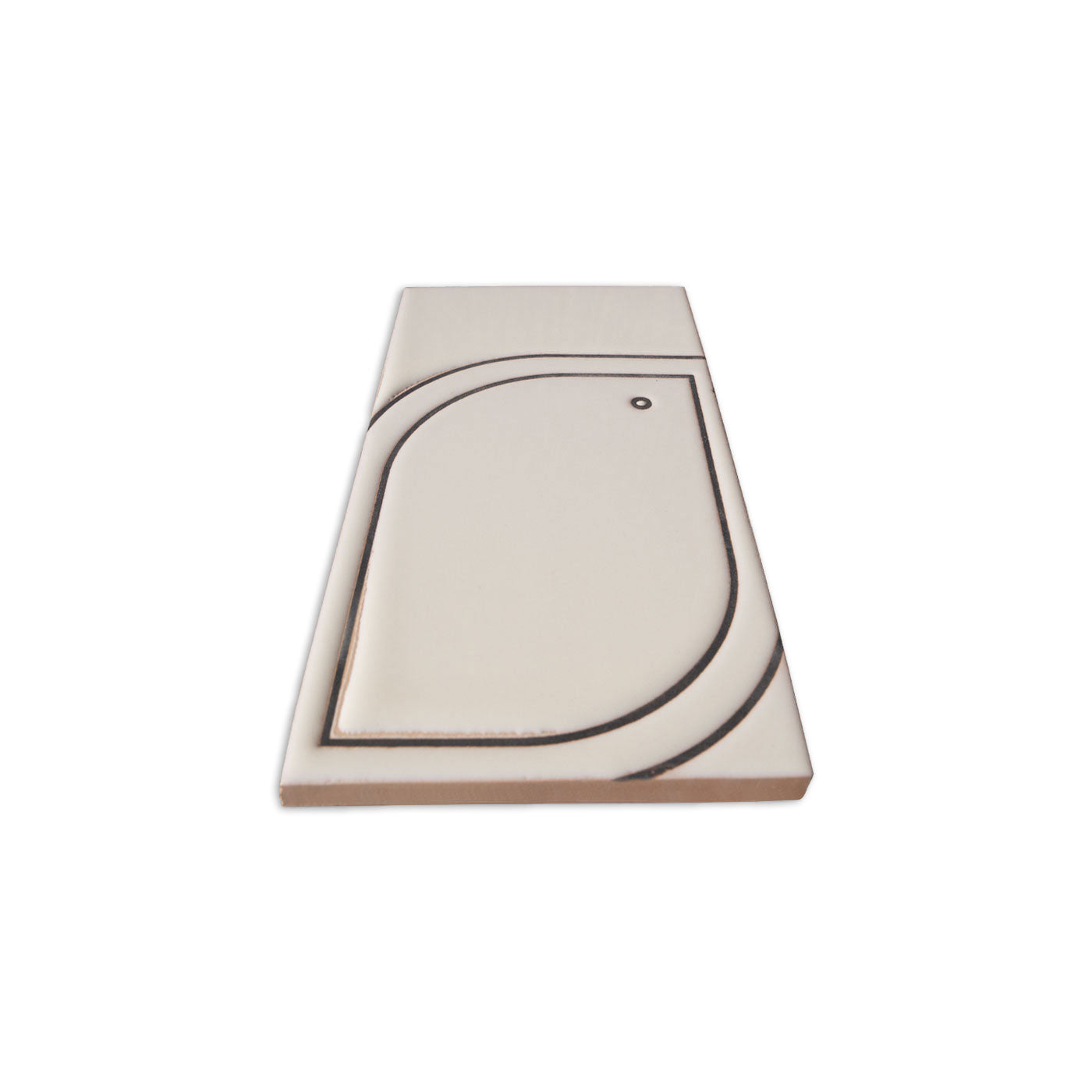 Light beige decorative ceramic tile by Clay Imports, featuring abstract black lines and a small circle, viewed at an angle.
