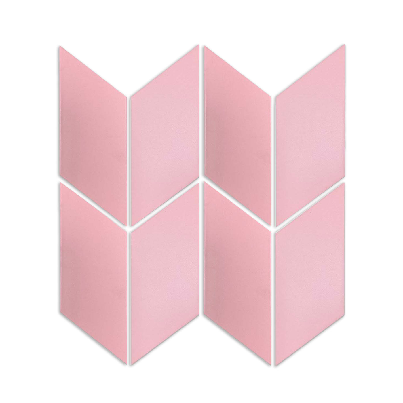 Pink Guava parallelogram tiles by Clay Imports arranged in a chevron pattern with white grout lines.