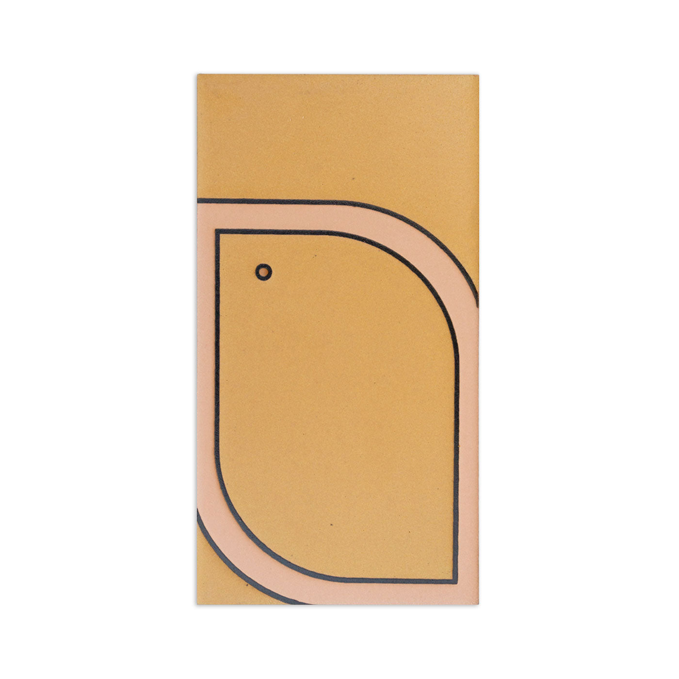 Earthy yellow-brown Pio Pio Petit Plateau by Clay Imports, featuring a black-outlined pink stylized bird design.