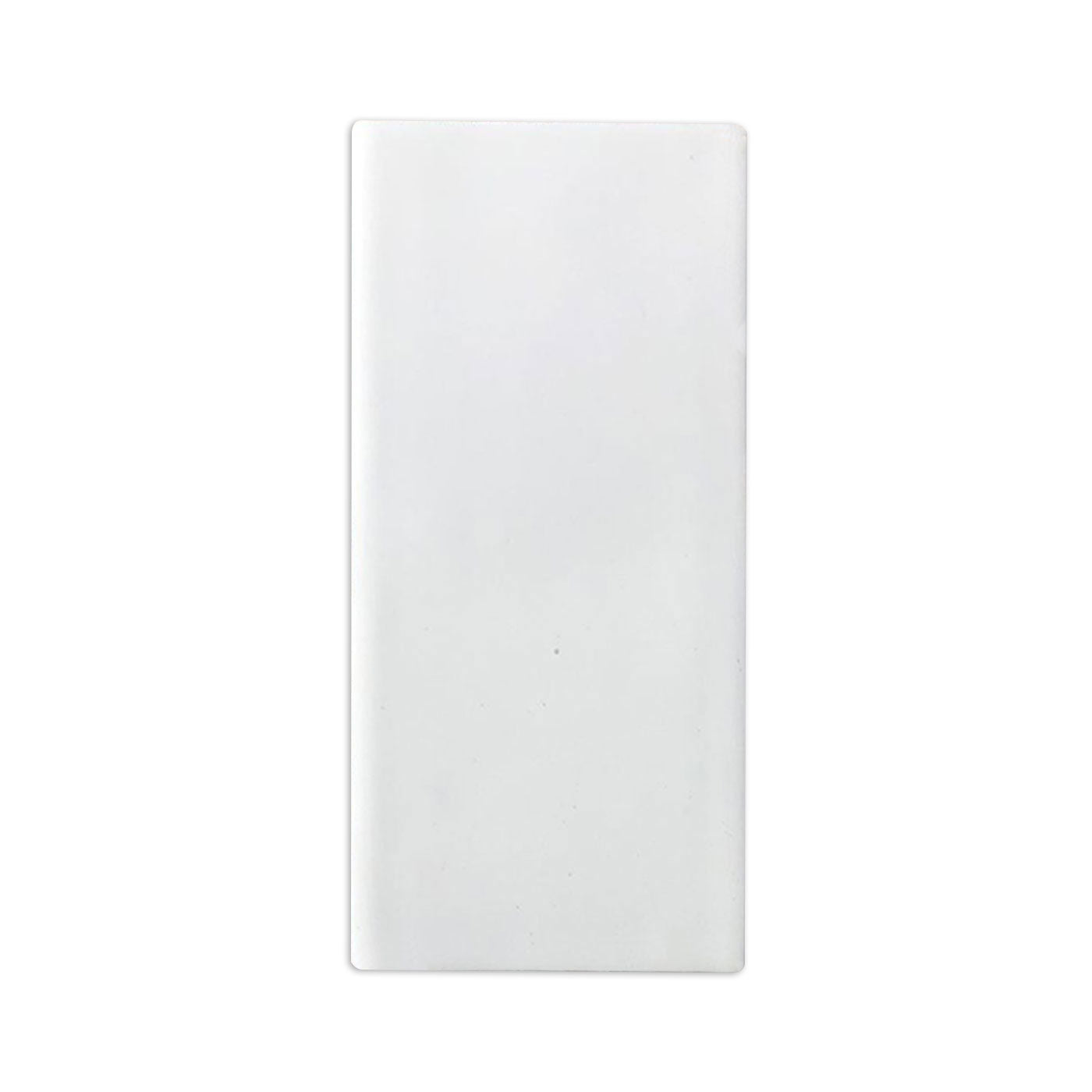 A glazed rectangle white 4x8 sample tile by Clay Imports, showing its smooth surface and rounded corners.
