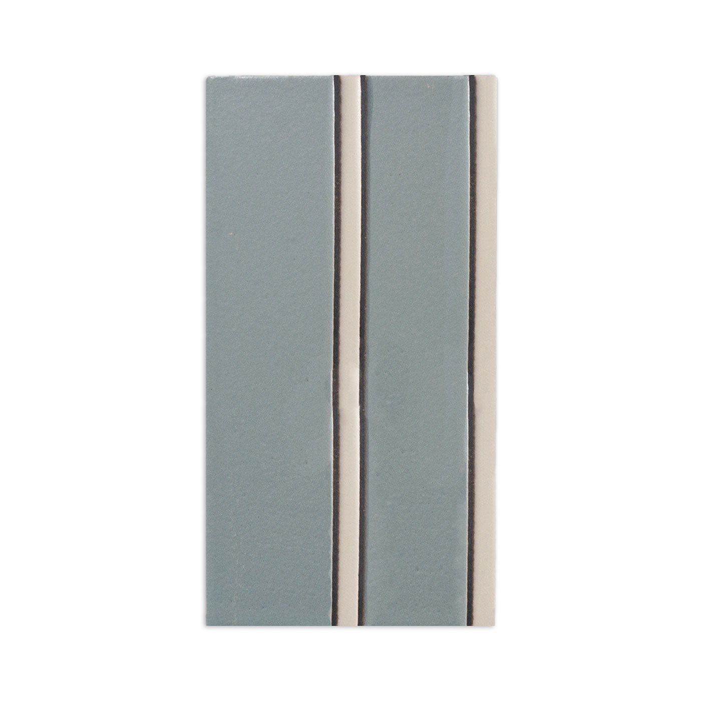 Agave blue long rectangular tile sample by Clay Imports, featuring vertical off-white strips and thin dark lines.