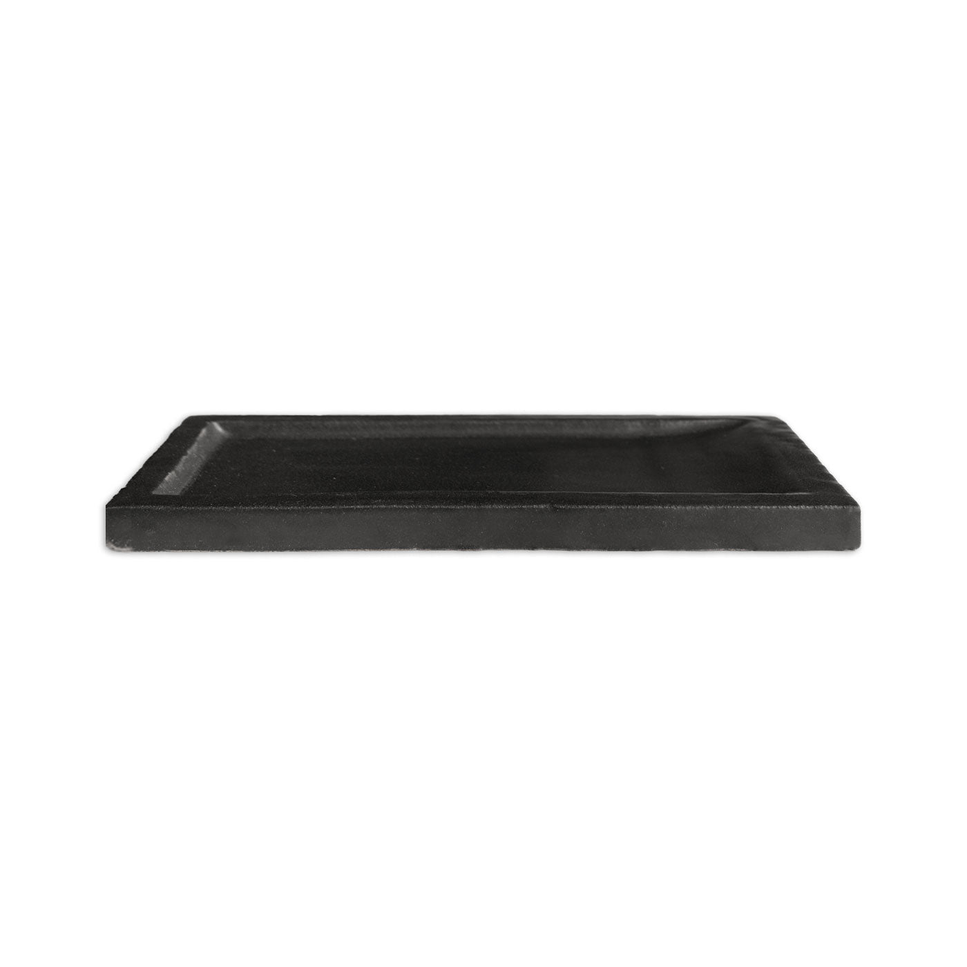 Black suede-textured rectangular tray by Clay Imports with a shallow rim, viewed from the side.