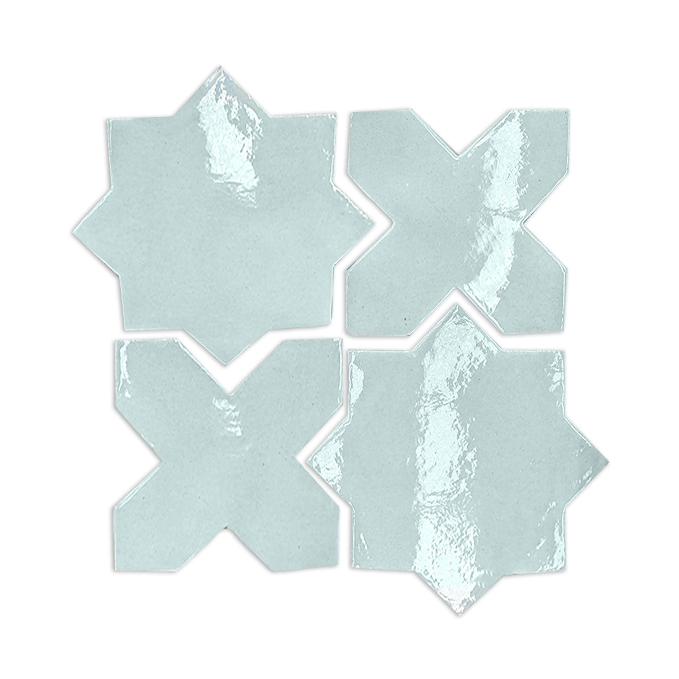 Light blue Star & Cross clay tiles by Clay Imports, arranged in a grid with a glossy rain crackle glaze.