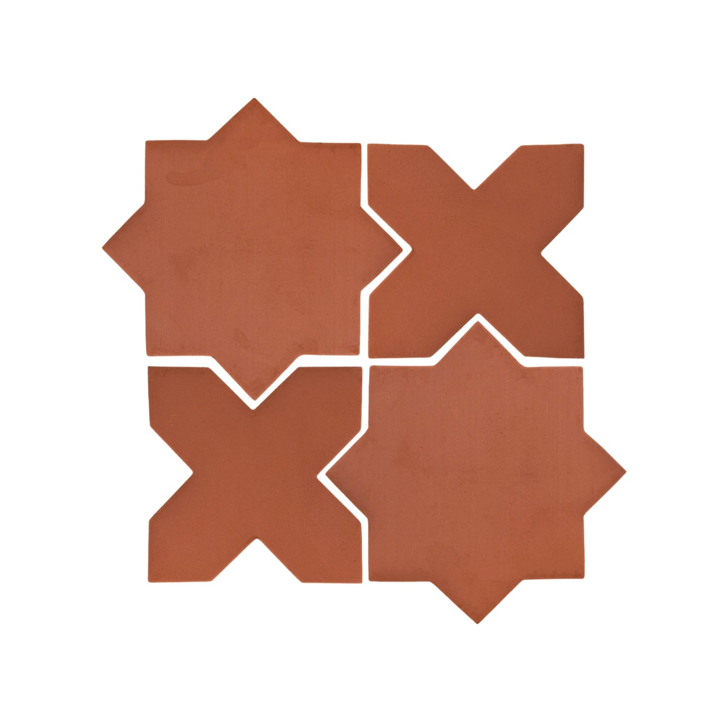 Terracotta star and cross solid tiles by Clay Imports, arranged in a square showing the interlocking pattern.