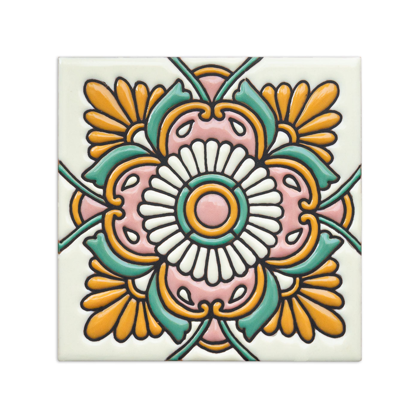 A sample ceramic relief tile by Clay Imports, featuring a colorful chrysanthemum design in pink, orange, teal, and white.