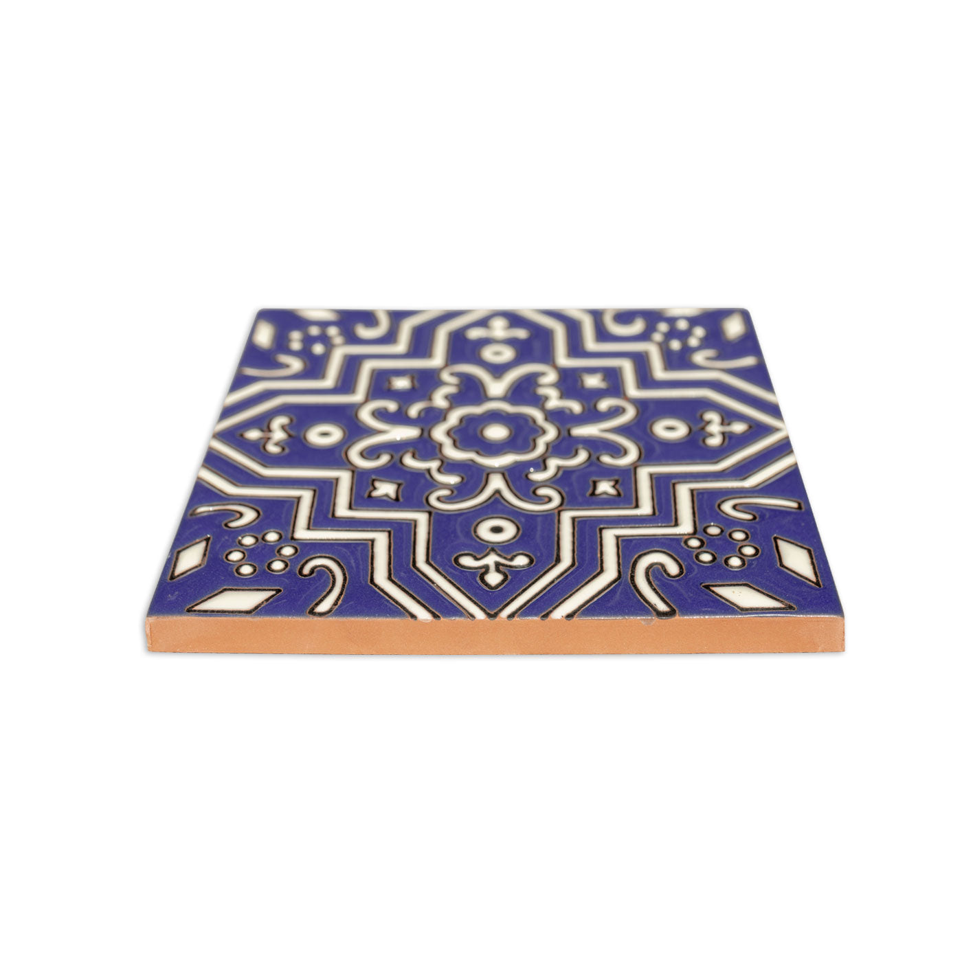 Blue and white relief Talavera tile by Clay Imports, featuring intricate patterns, raised texture, and a visible light brown terra cotta side, angled.