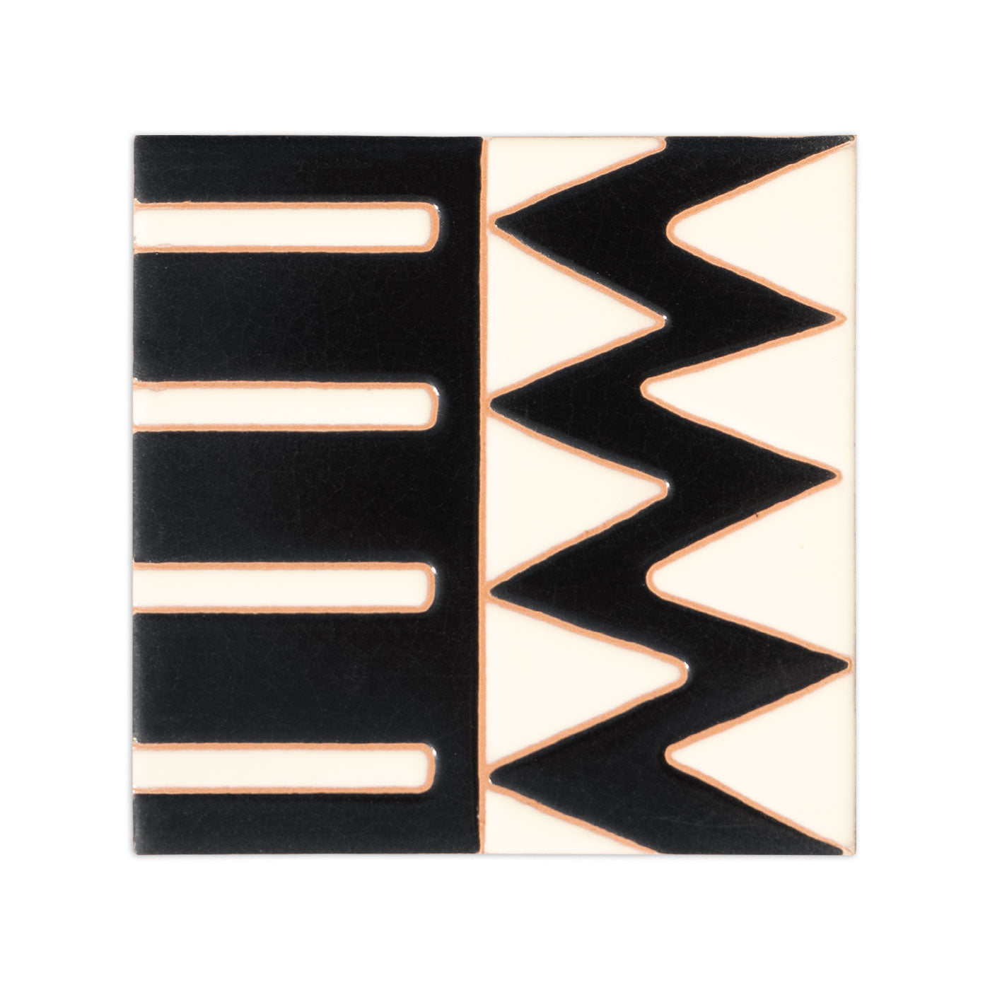Black and cream hand-painted tile by Clay Imports with Kente-style geometric bars and zigzags, outlined in reddish-brown.