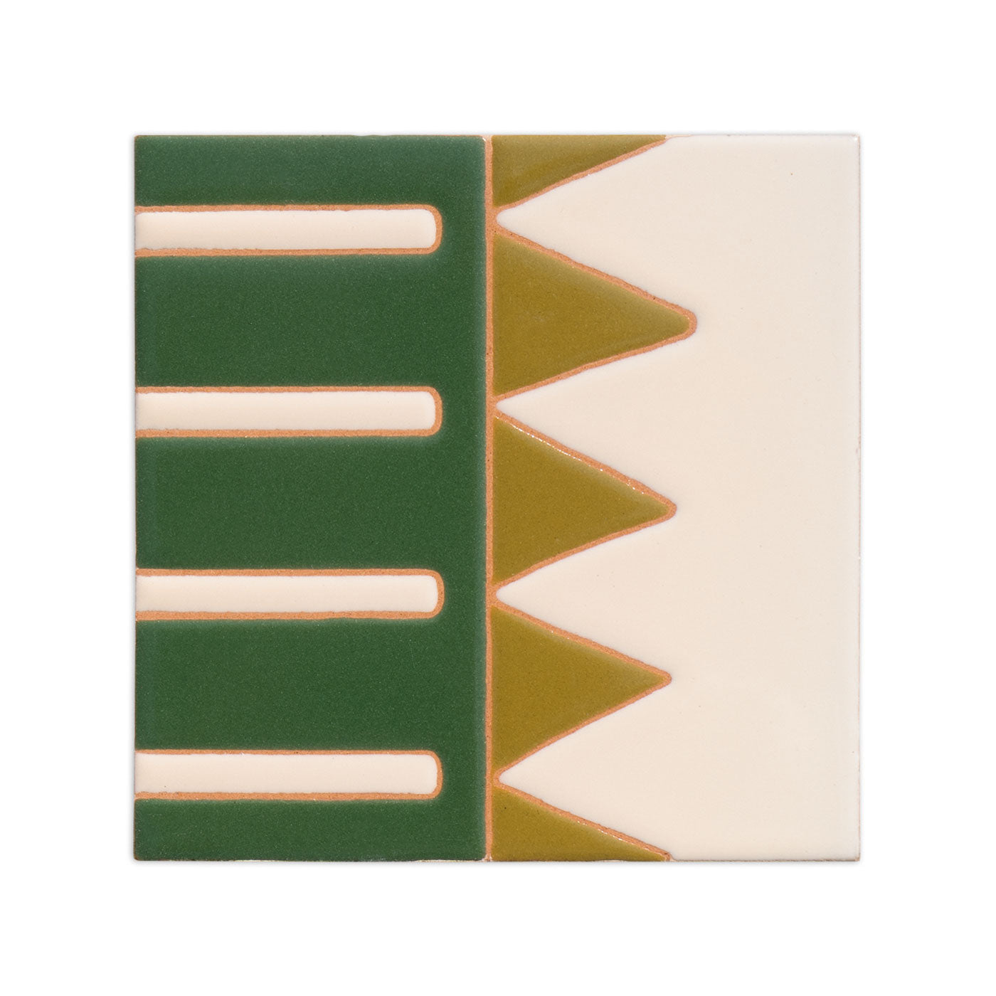 Relief sample tile by Clay Imports featuring dark green with five cream bars and an olive green zigzag pattern.