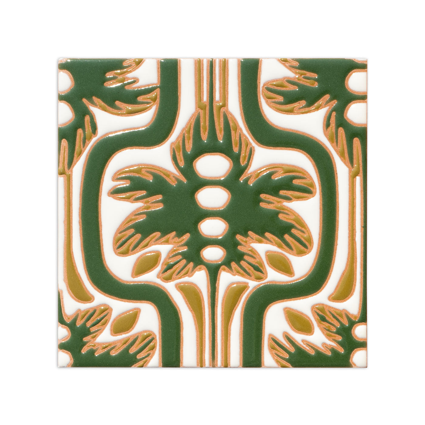 Hand-painted relief tile by Clay Imports with a glossy dark green palmetto pattern outlined in light brown on a white background.