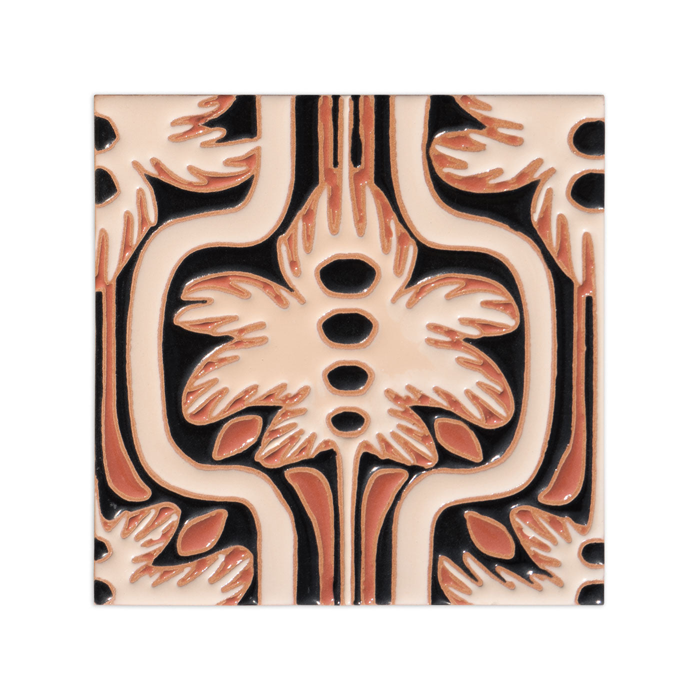 A square 6x6 hand-painted relief tile by Clay Imports, featuring a symmetrical palmetto leaf and scroll pattern in beige, black, and burnt orange.