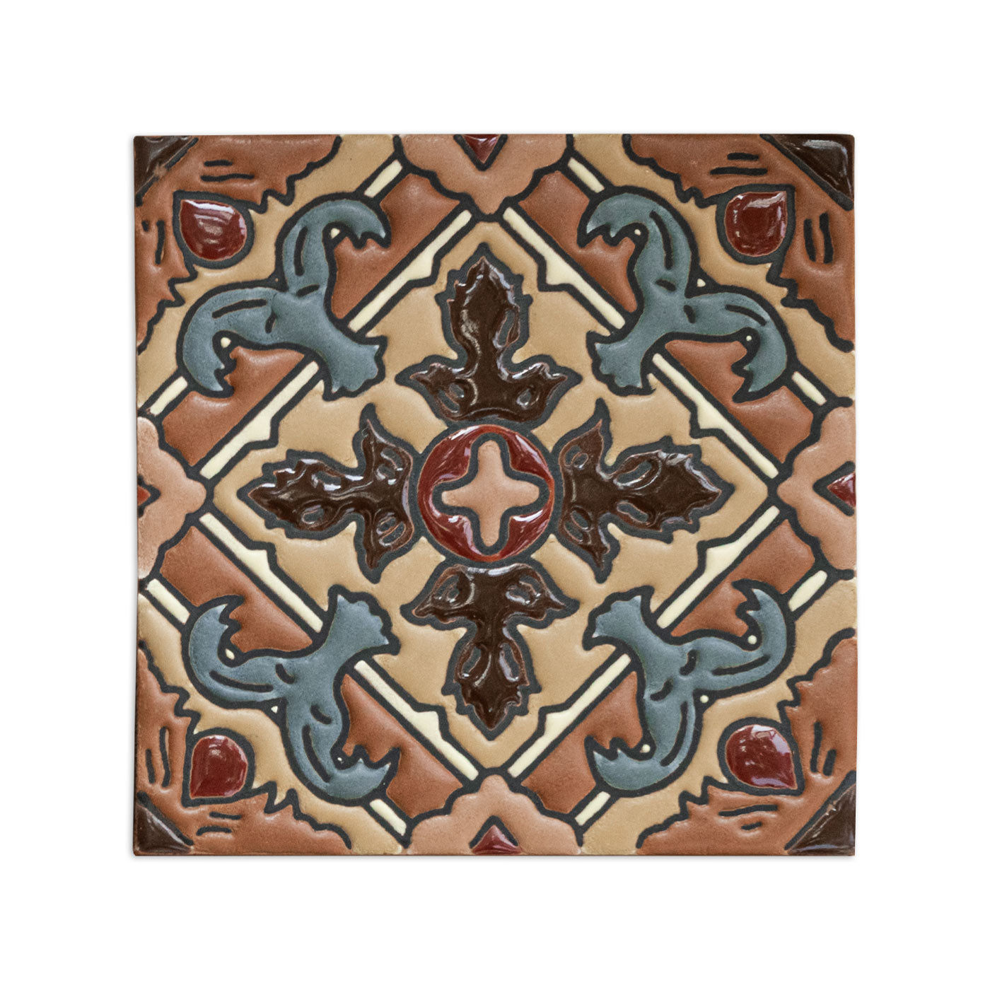Relief Zuma 6x6 sample tile by Clay Imports with an ornate pattern in brown, tan, and blue-gray.