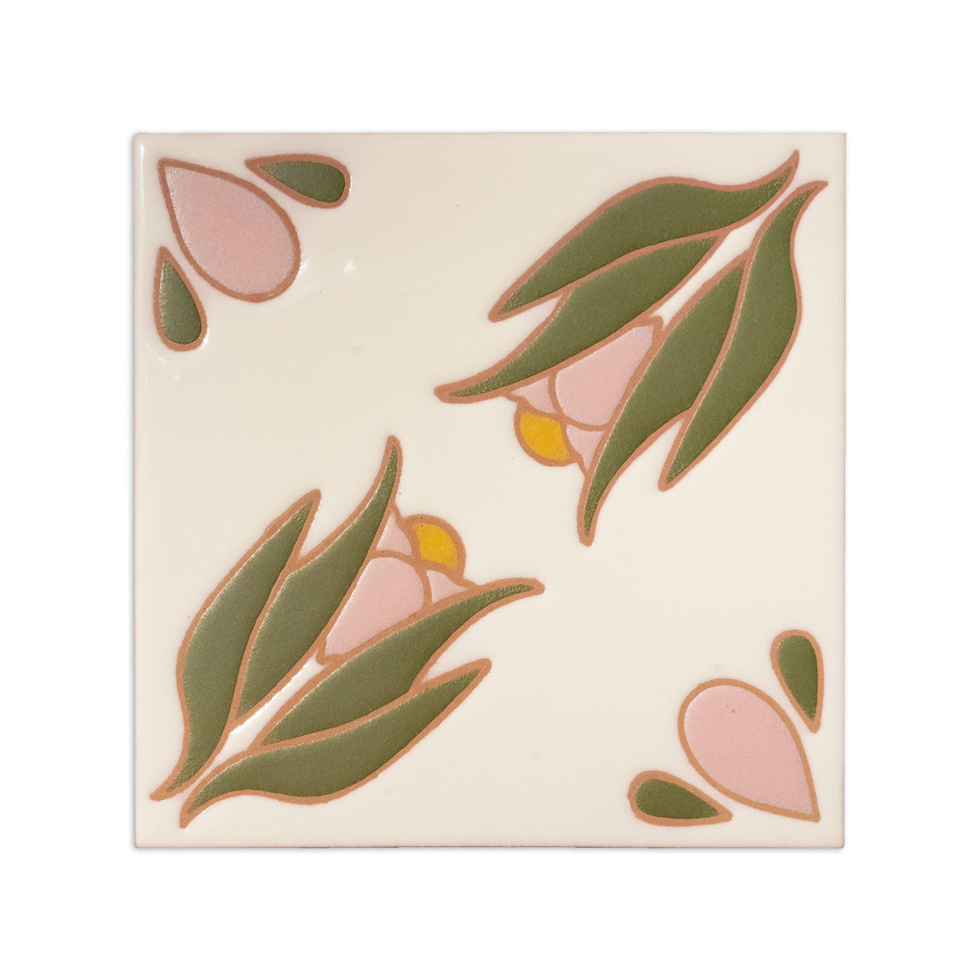 6x6 Primavera relief sample tile by Clay Imports, featuring stylized pink, green, and yellow flowers.