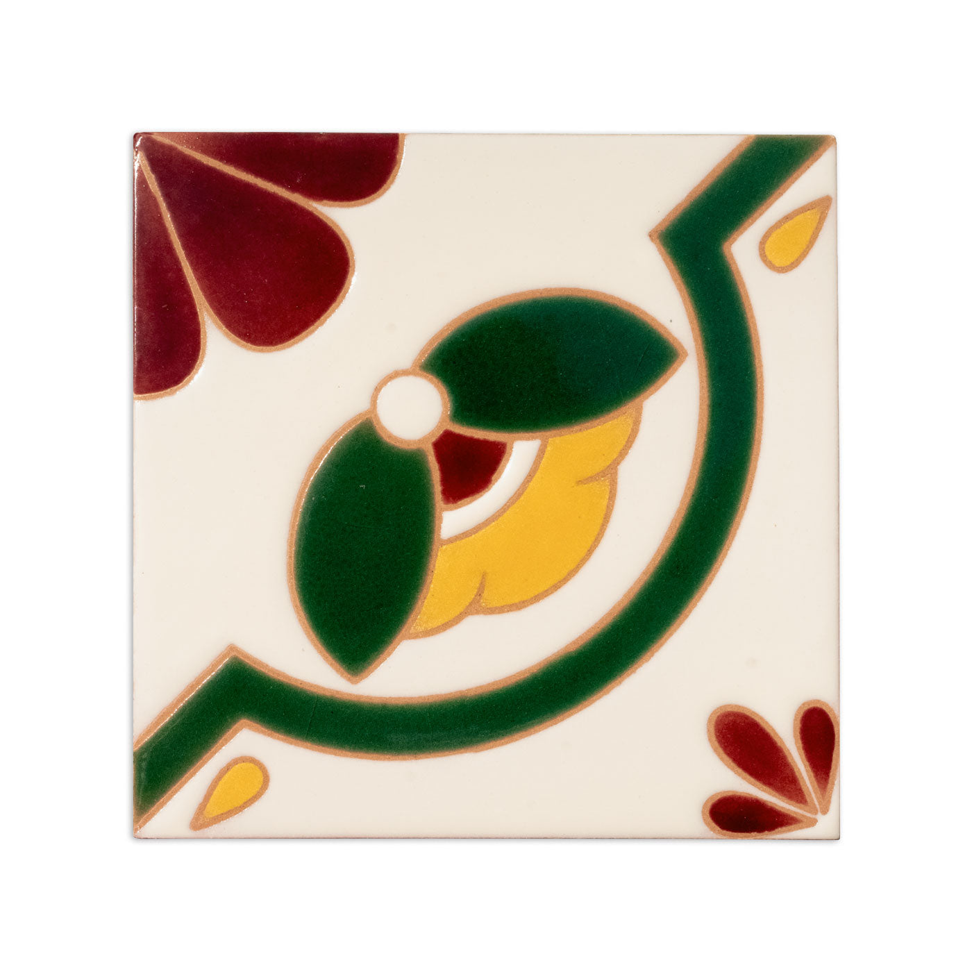 Cream Relief Dgwaagi Otoño ceramic tile sample by Clay Imports, with a stylized red, green, and yellow floral motif.