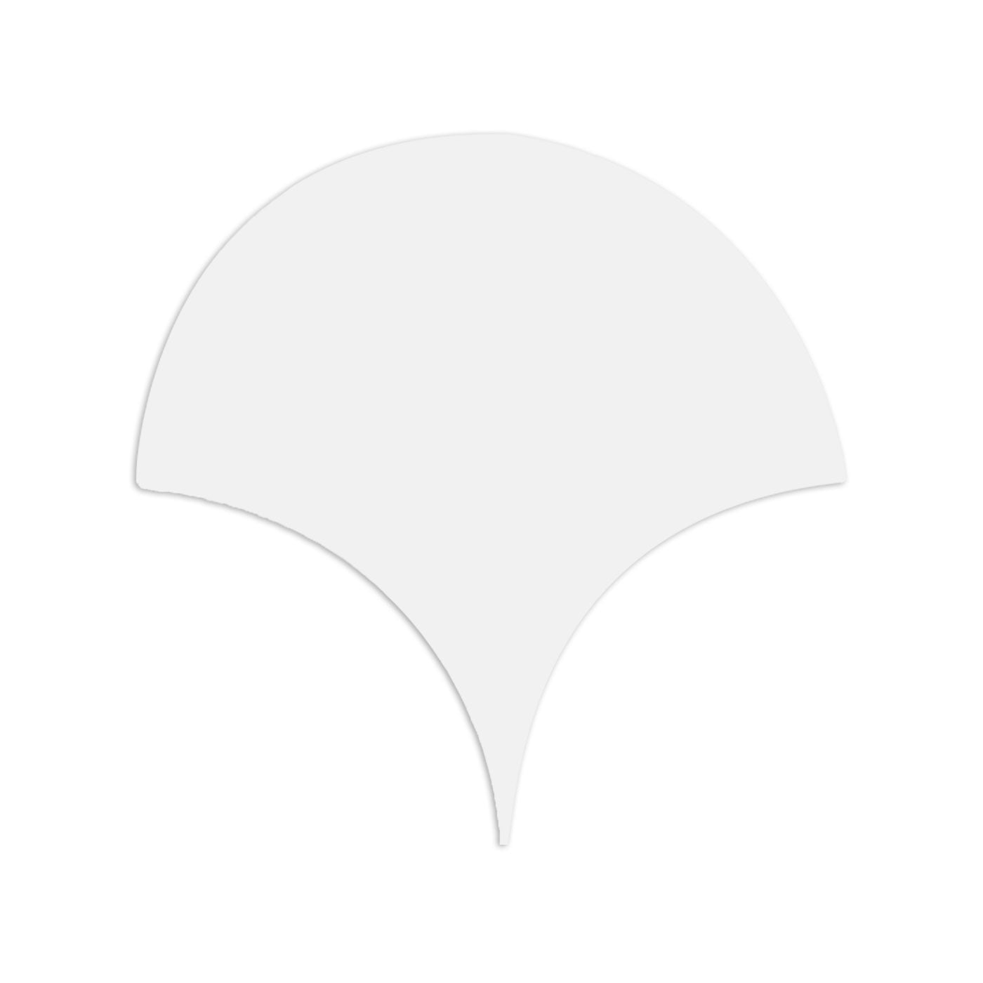 White fan-shaped tile sample by Clay Imports with a pointed bottom and subtle shadow.