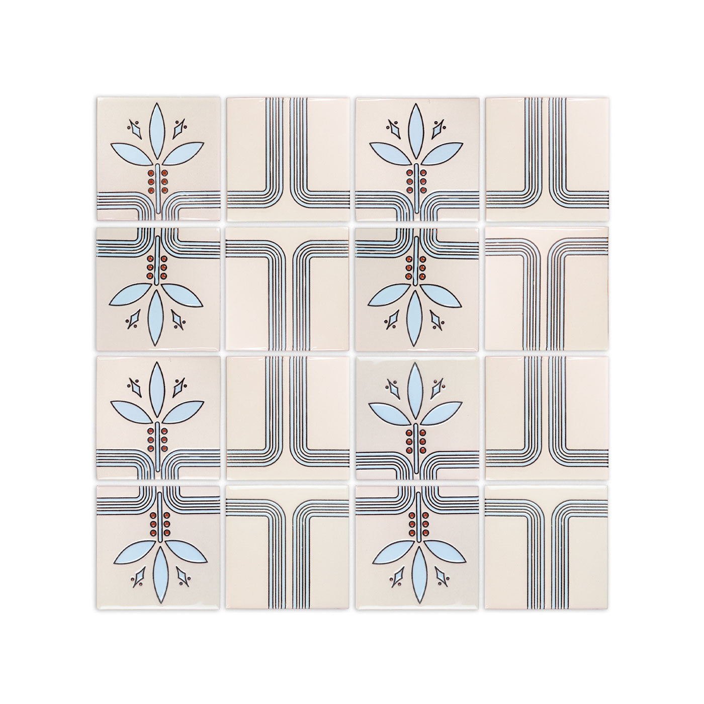 Cream pattern tile by Clay Imports with a modular blue floral and connecting linear design.
