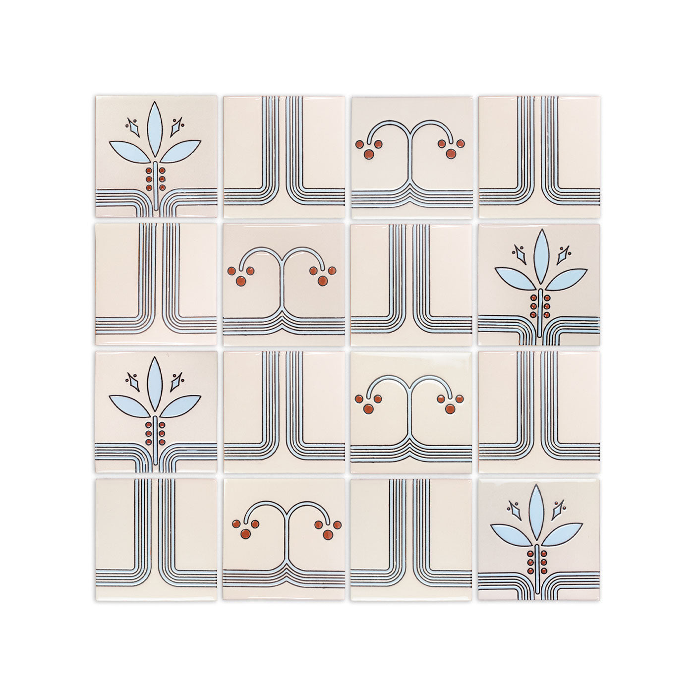 Cream pattern tile by Clay Imports, arranged in a grid with connecting blue, black, and orange geometric and botanical designs.
