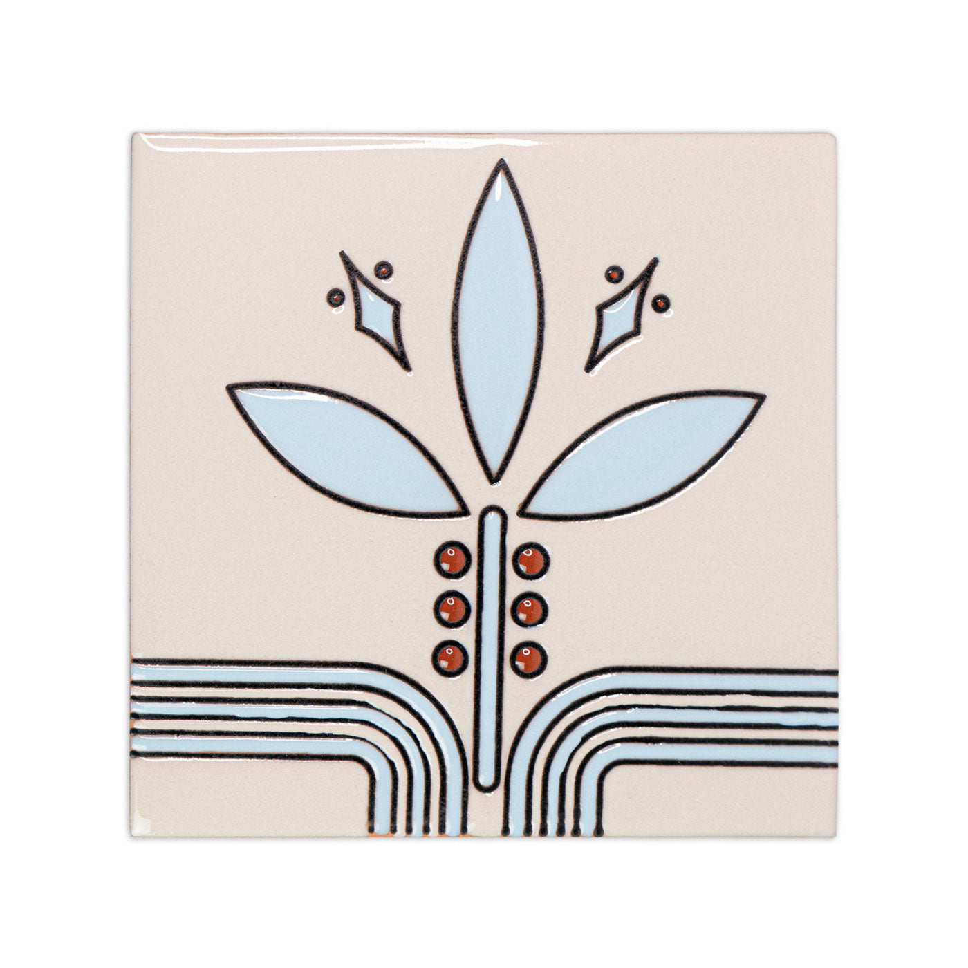 Relief cream 6x6 sample tile by Clay Imports, featuring a glossy light blue and terracotta stylized floral and geometric pattern.