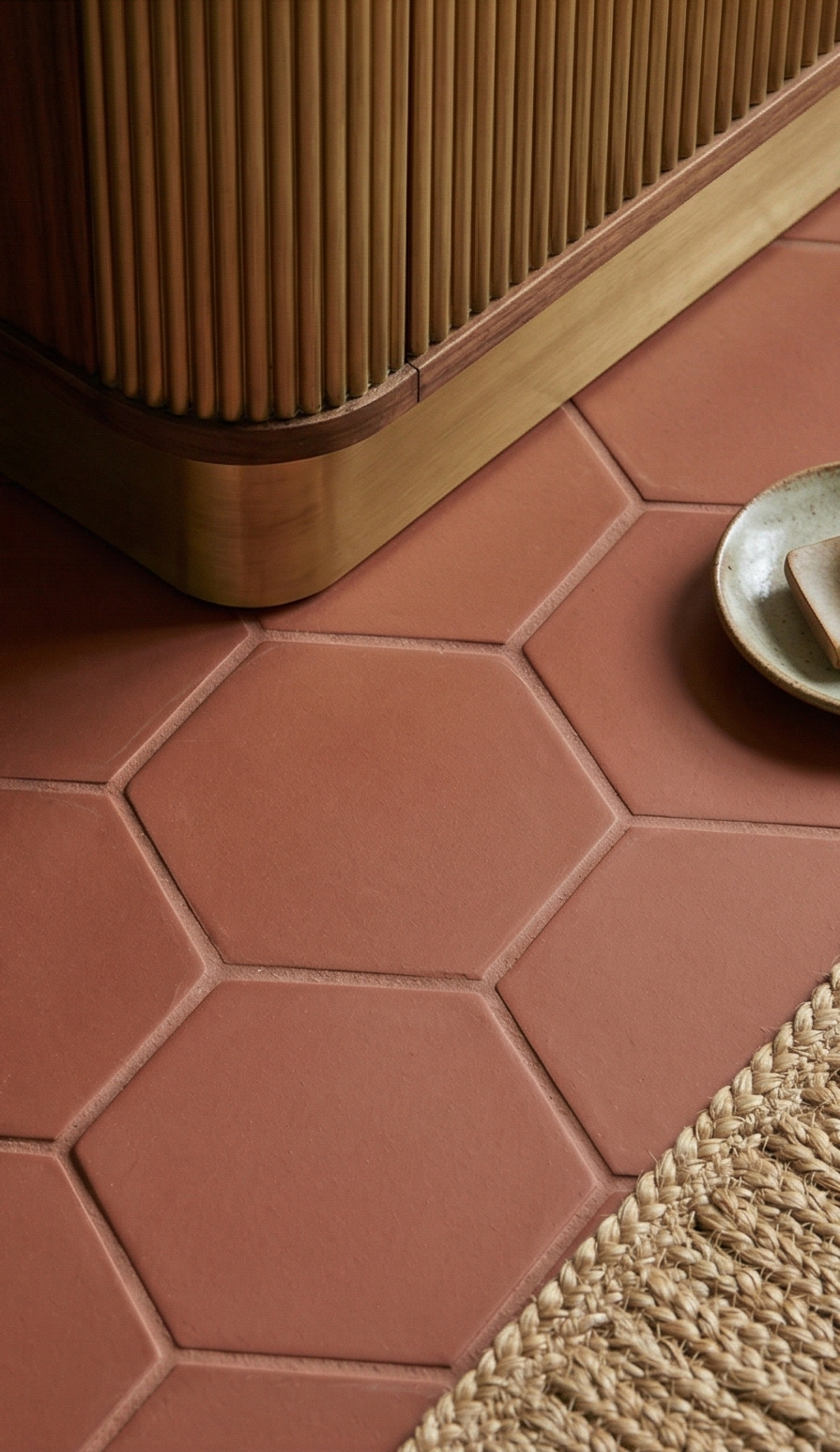 Mamey hexagon clay tile by Clay Imports covering a floor, next to a fluted wood cabinet and woven rug.