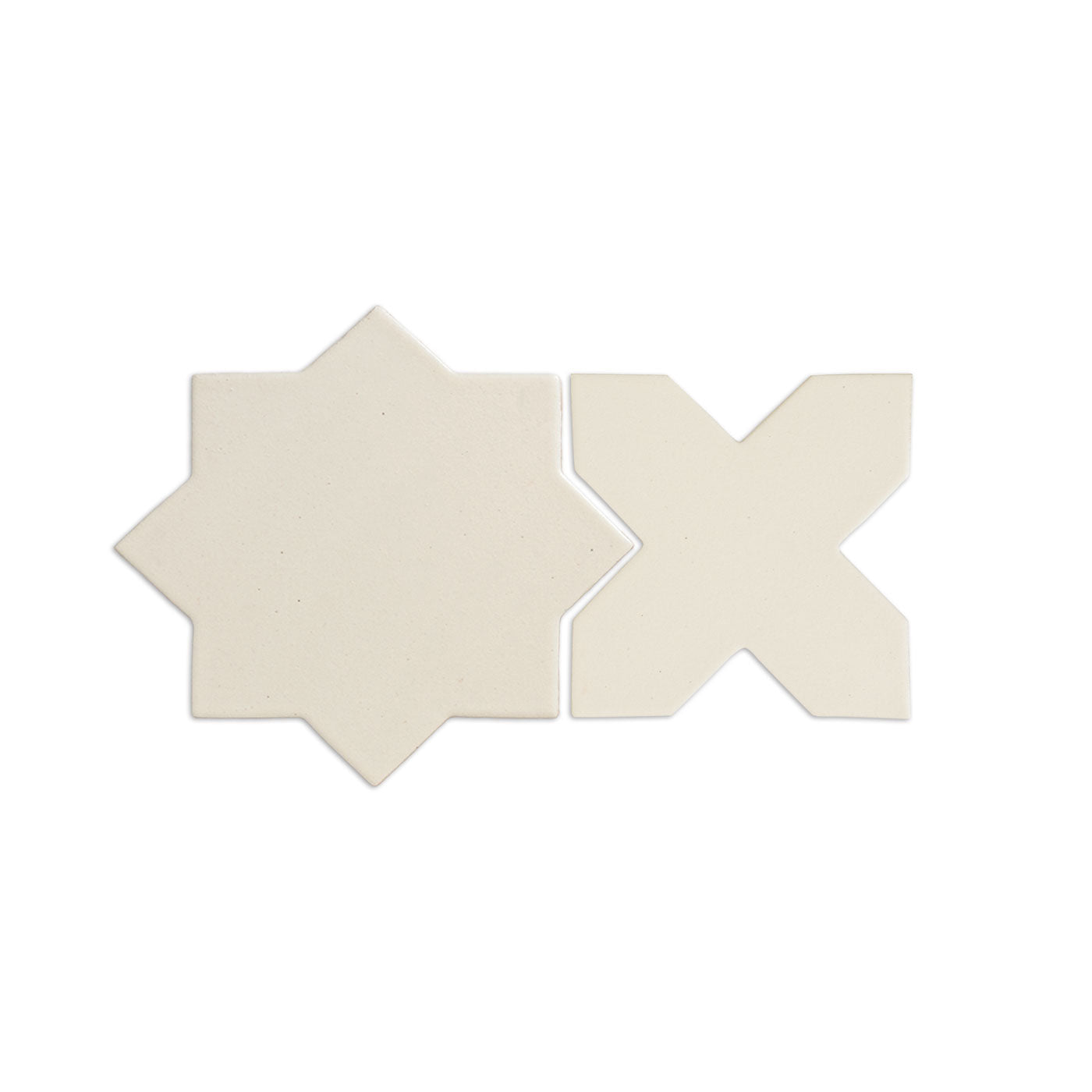 Cream-colored Mexican vanilla star and cross ceramic tiles, matte finish, geometric shapes, side-by-side display