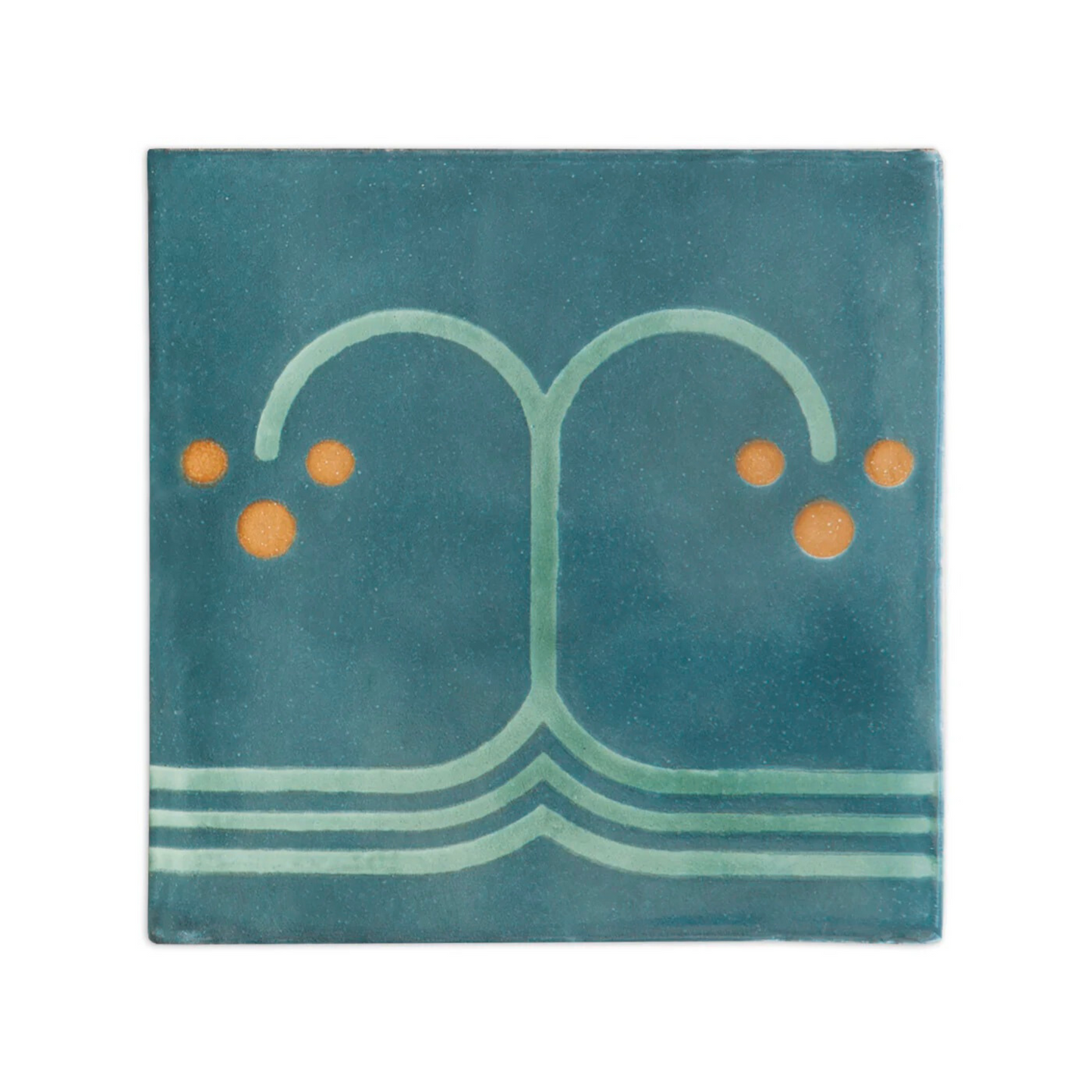 Square dark teal pool waterline tile by Clay Imports, featuring a lighter green-blue abstract plant design with orange dots.