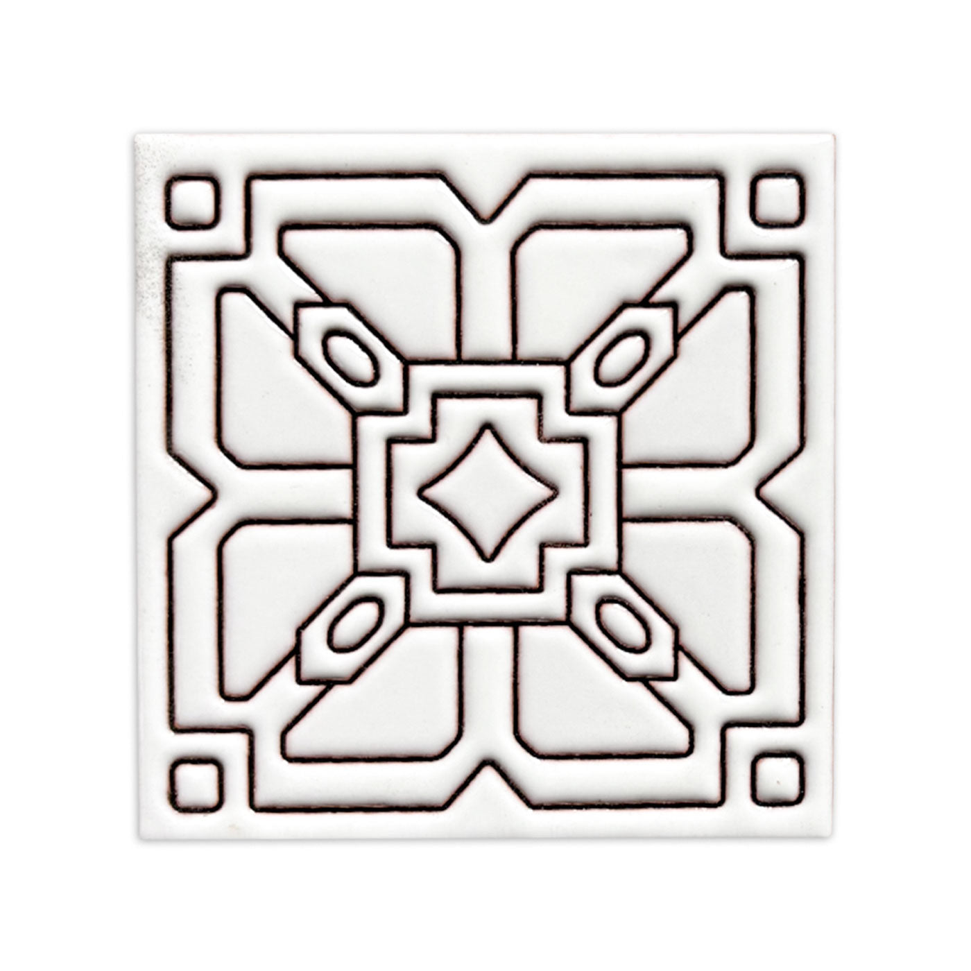 White relief tile by Clay Imports with a black geometric line pattern.