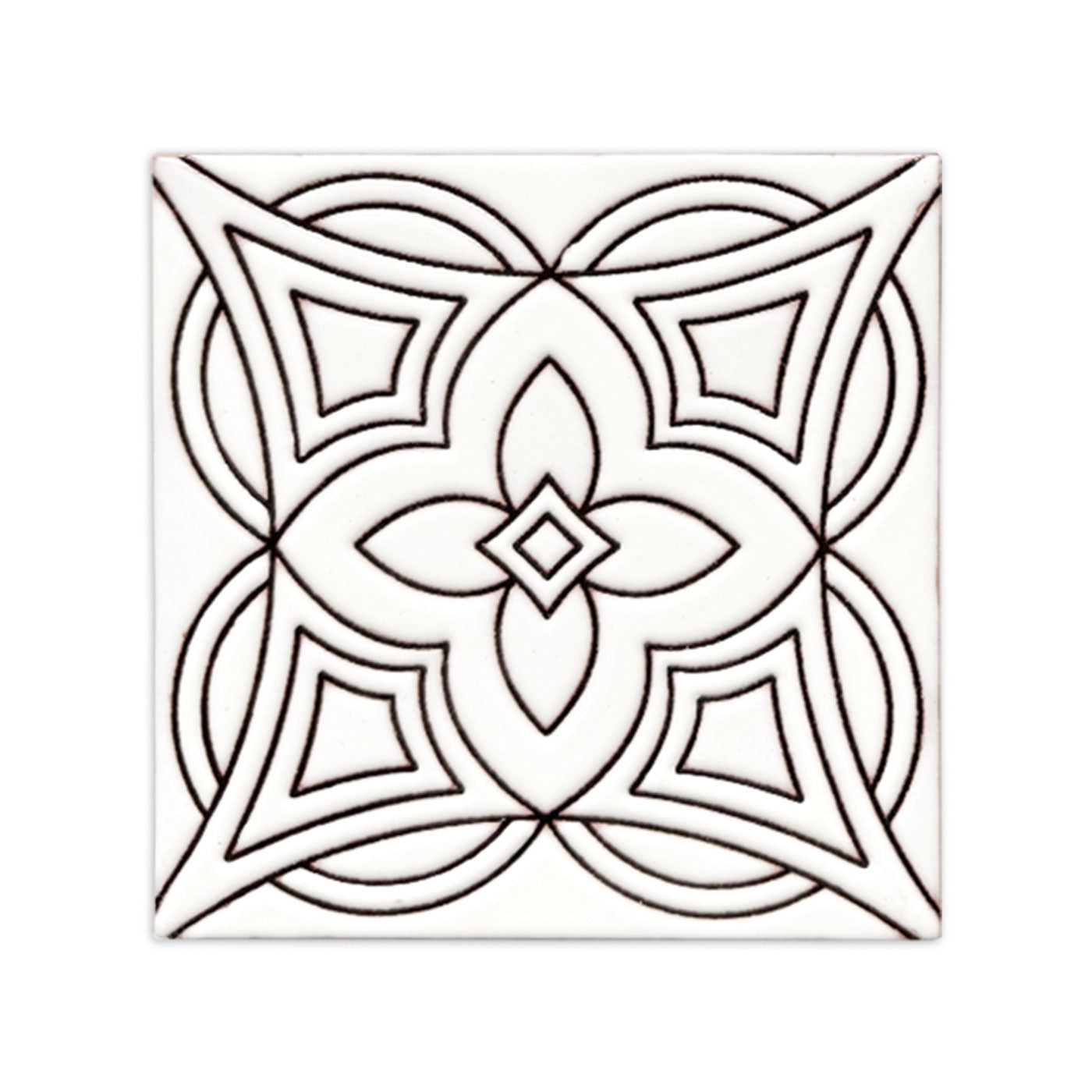 White relief tile with black lines by Clay Imports, featuring a symmetrical geometric floral pattern.