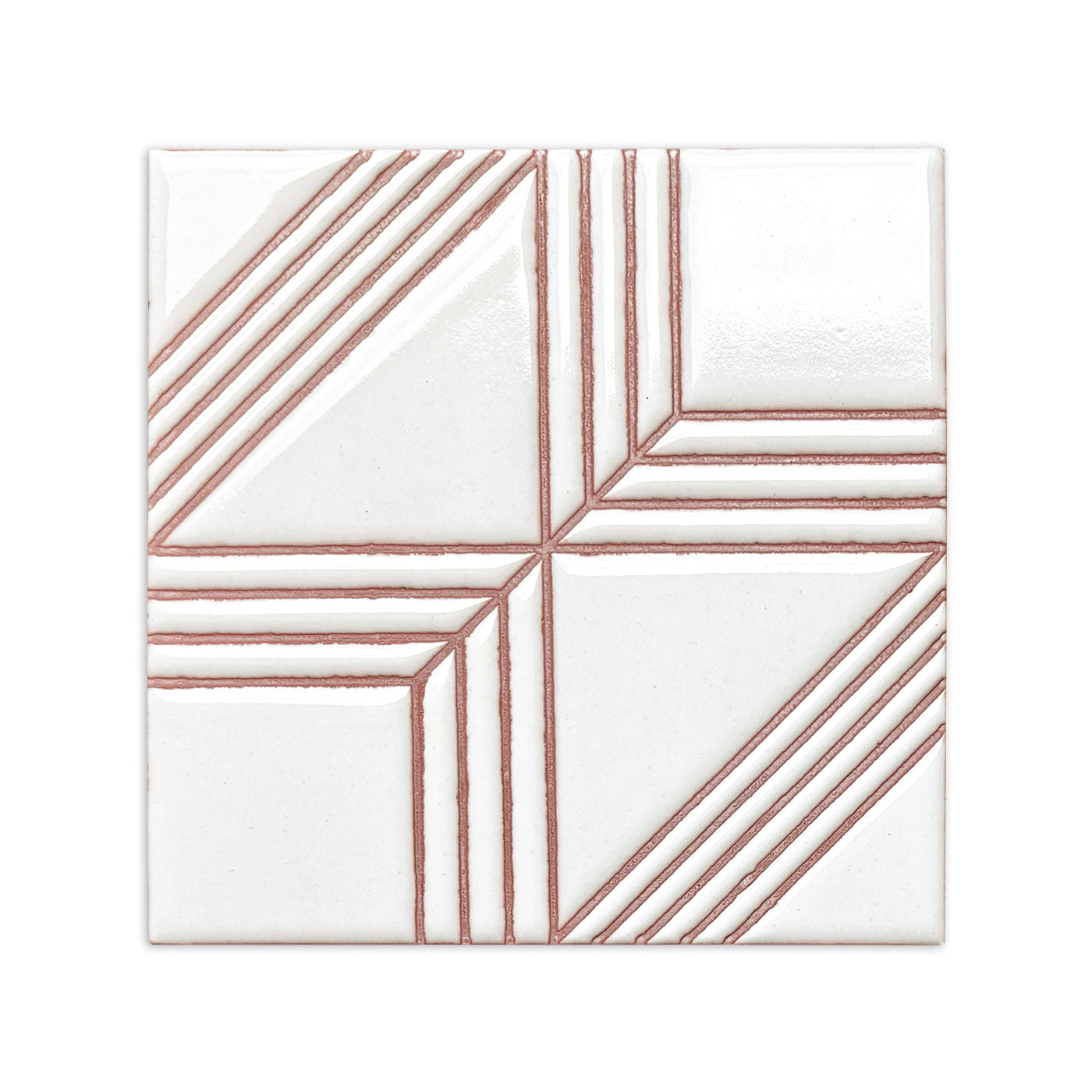Bundle of white glazed tiles by Clay Imports with raised rose geometric line patterns.