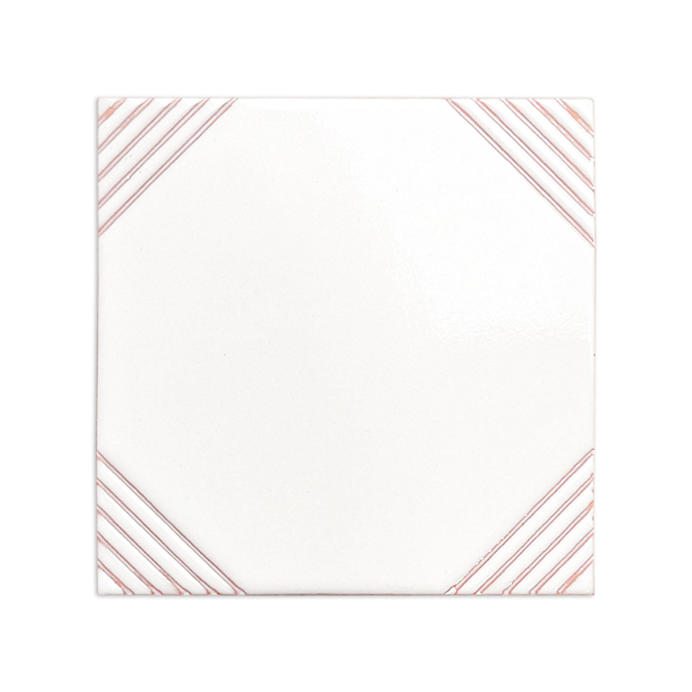 White ceramic tile by Clay Imports, featuring diagonal reddish-brown relief lines in all four corners.