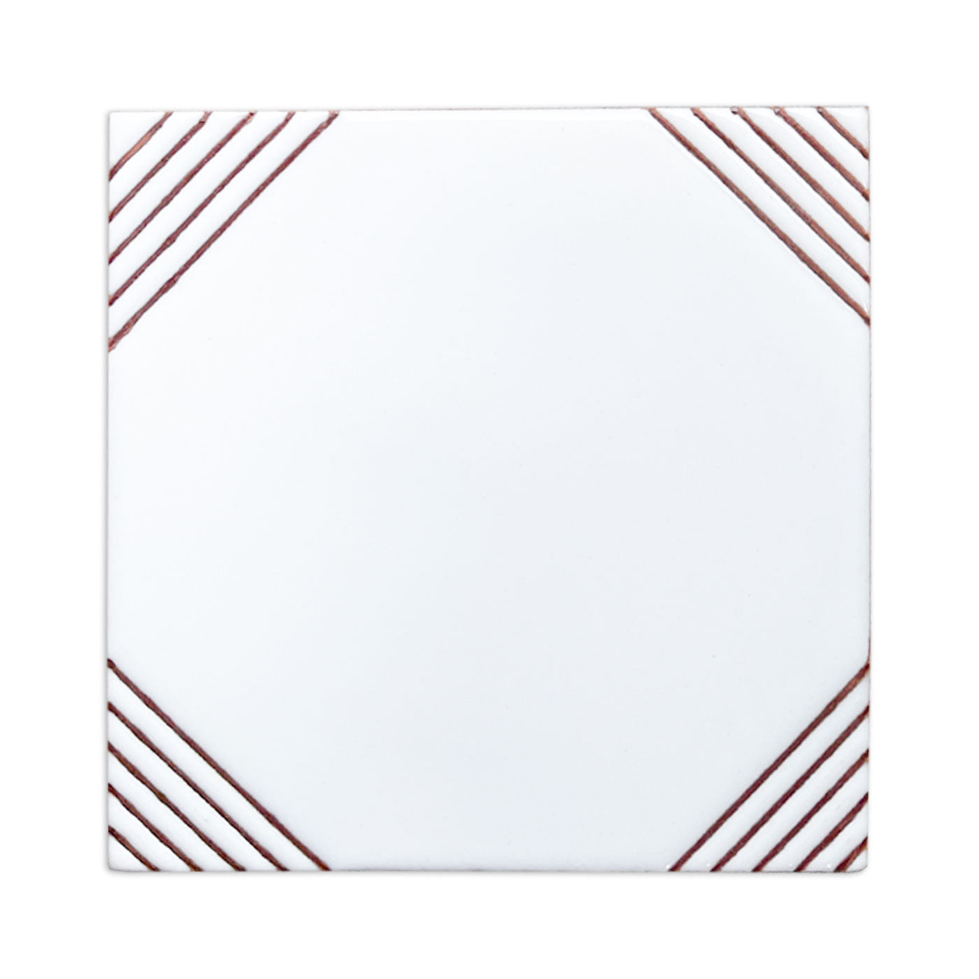 White relief tile by Clay Imports with dark red diagonal lines in all four corners.