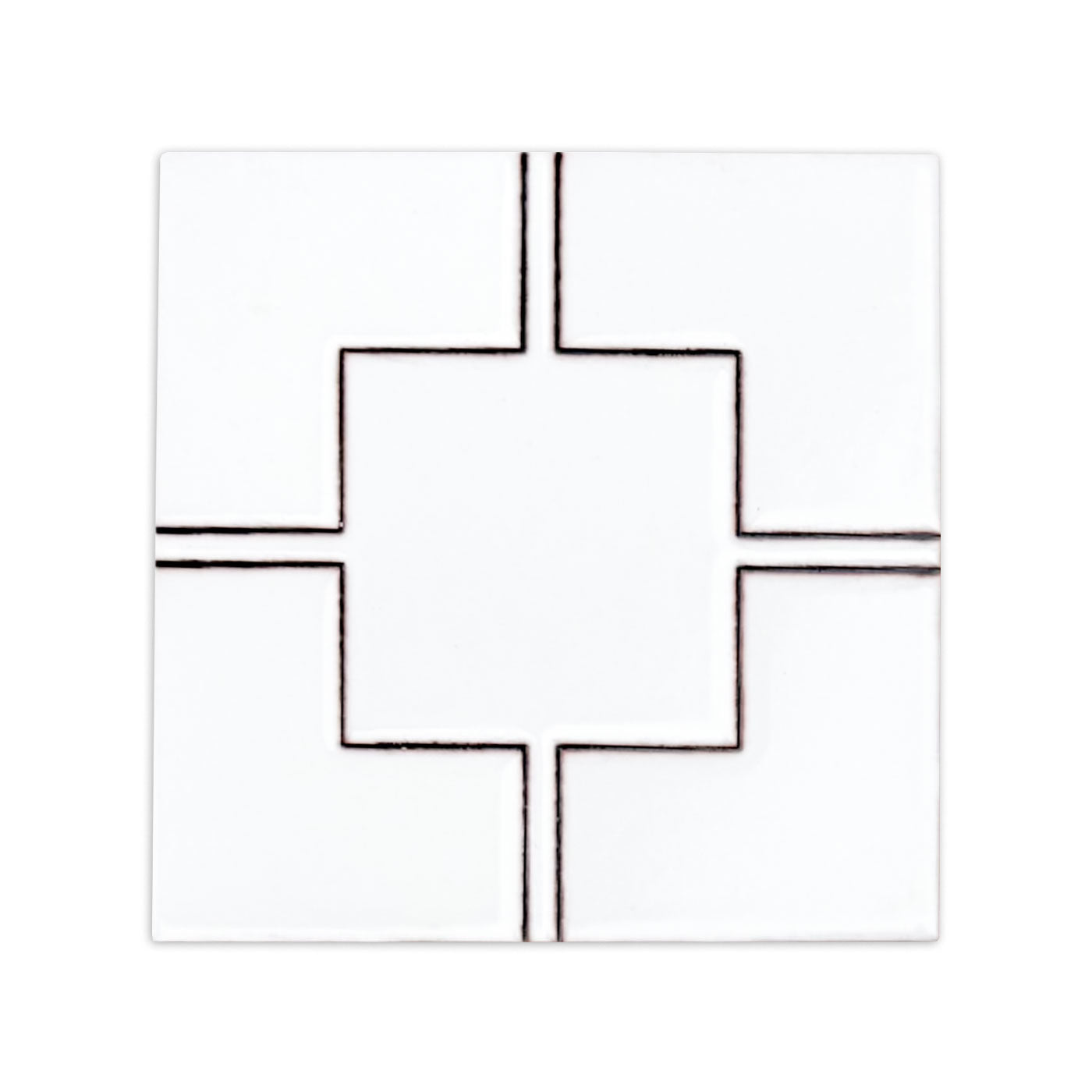 White tile with black lines by Clay Imports, forming a central geometric square pattern.