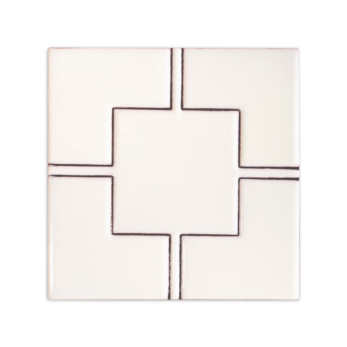 White relief tile with black lines by Clay Imports, forming a geometric square pattern on a glossy surface.