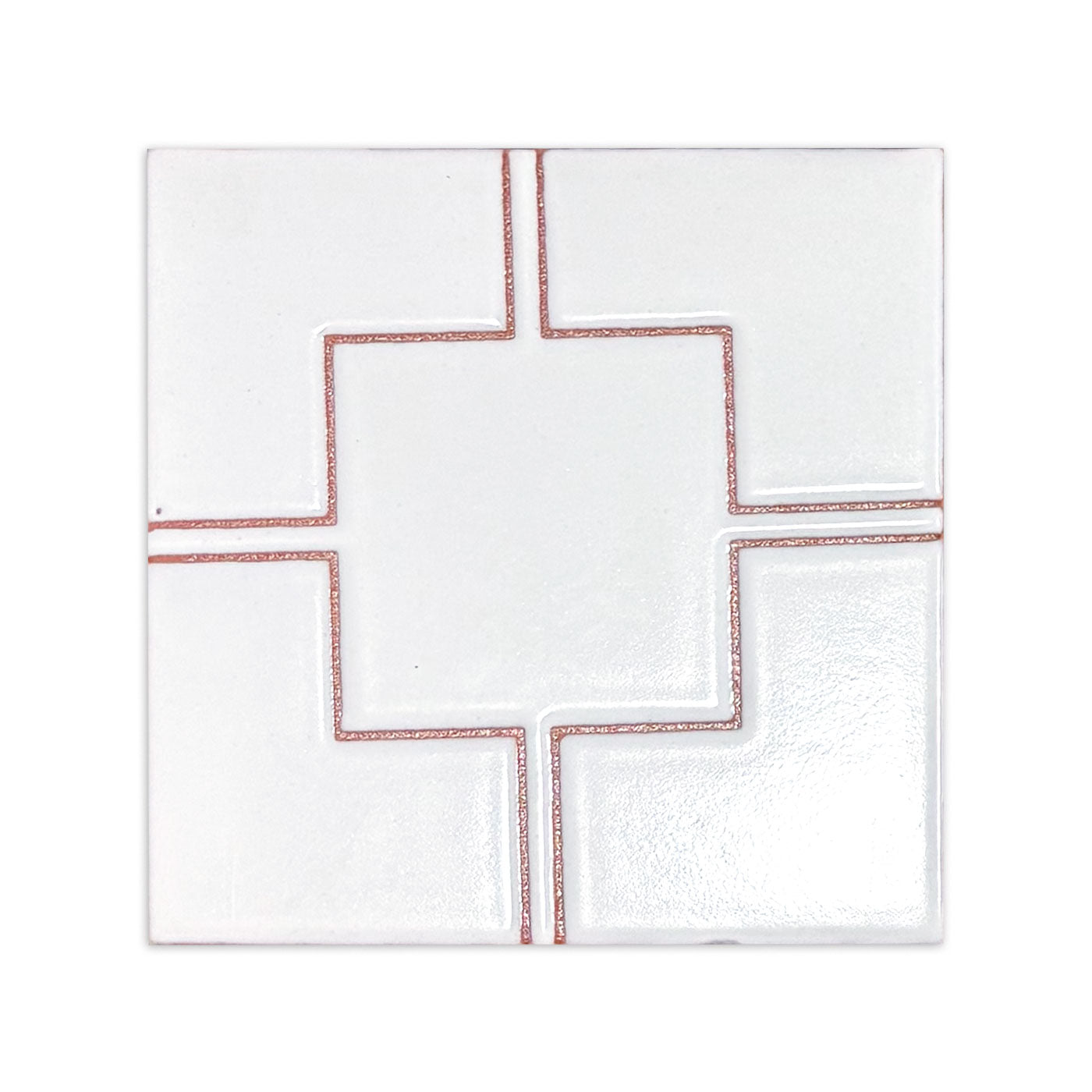 White Relief Valentina terracotta tile by Clay Imports, featuring a geometric pattern with raised copper-colored lines.