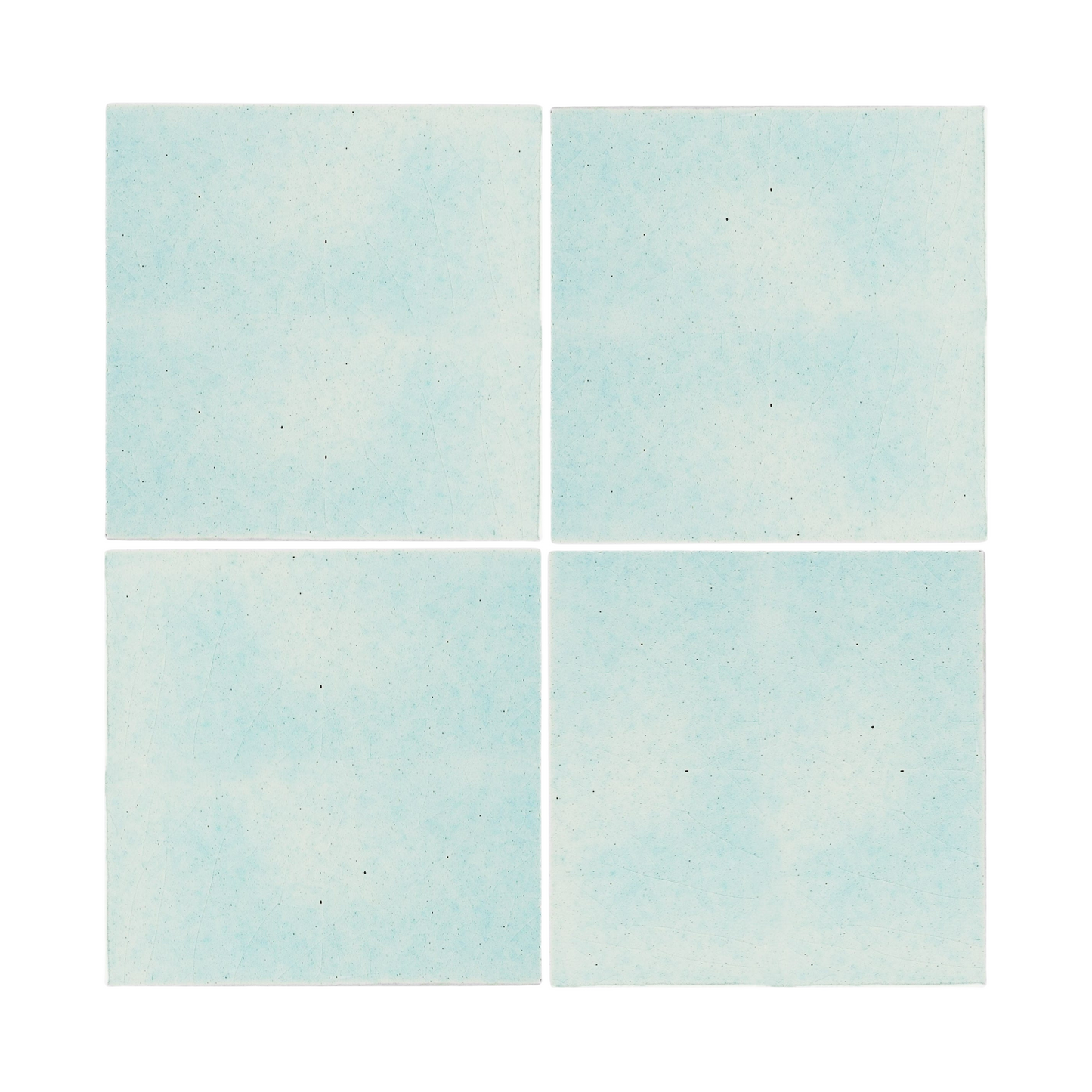 Four Rain Crackle 6x6 tile samples by Clay Imports, featuring a light blue crackled surface and dark speckles.