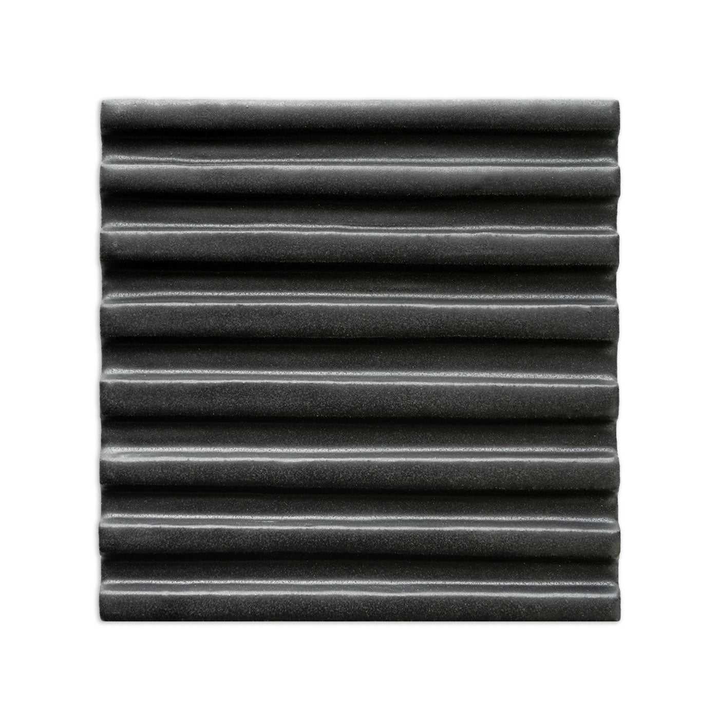 Black ribbed sample tile by Clay Imports with horizontal ridges and a matte finish.