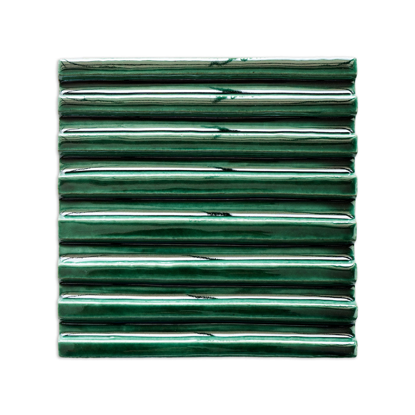 Forest green ridged tile sample by Clay Imports with a glossy, textured finish.