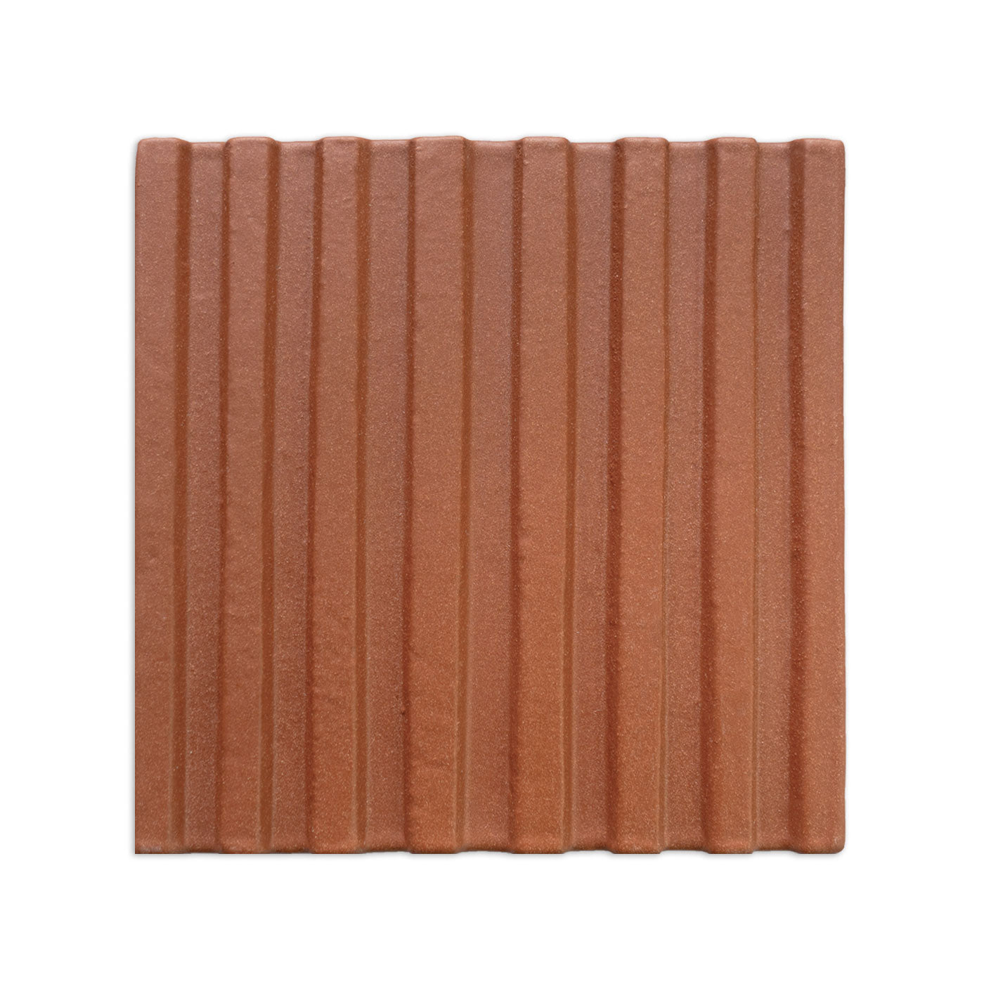 Square reddish-brown sample tile with vertical ridges by Clay Imports, showing a matte texture.