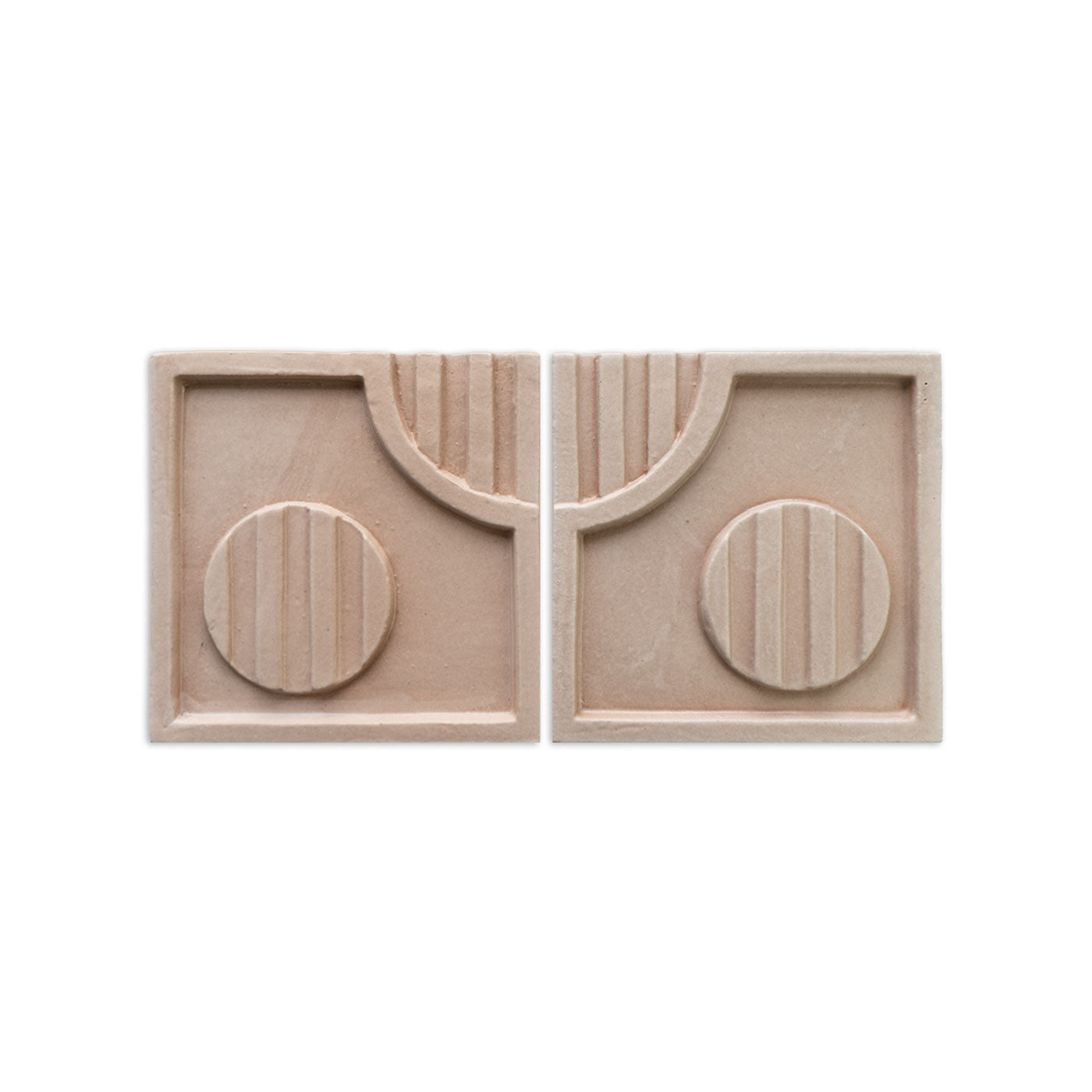 Two light brown geometric relief tiles by Clay Imports, featuring circular and curved patterns with vertical ridges.