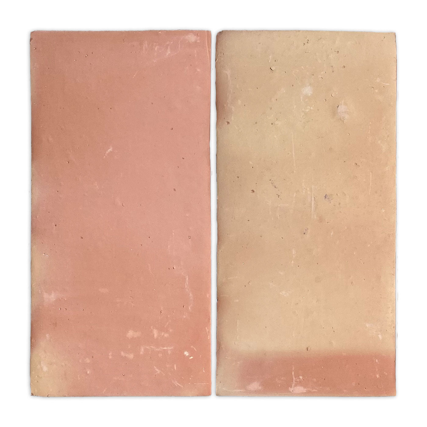 Smooth matte 6x12 terracotta tiles by Clay Imports, one reddish-brown and one light beige with a reddish base, side-by-side.