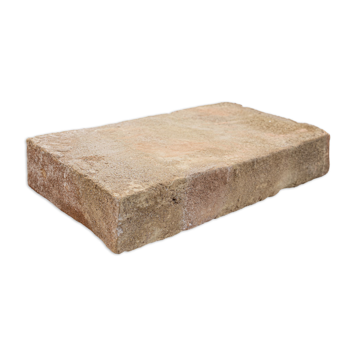 A rustic terracotta brick paver by Clay Imports Pavers, with a sandy texture and reddish-brown edges, viewed at an angle.