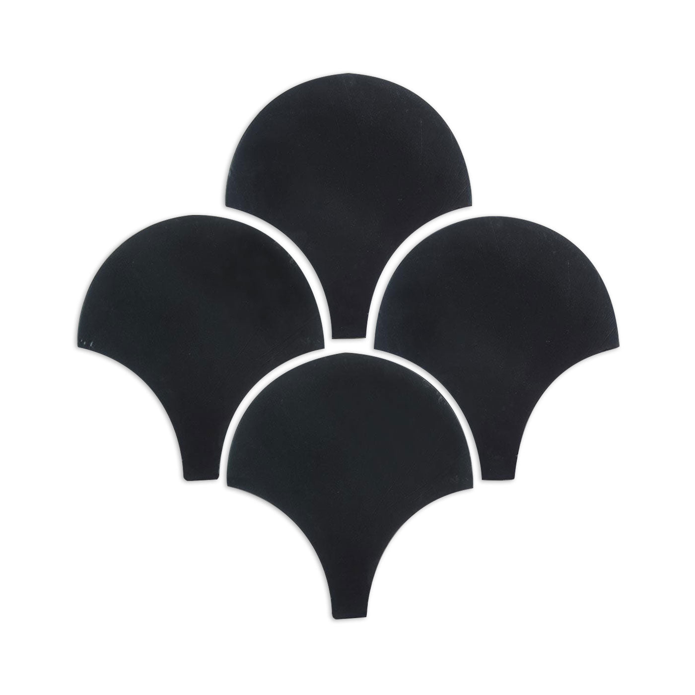 Black glazed Abanico Flat tile sample from Clay Imports, showcasing five fan-shaped tiles in a diamond pattern.