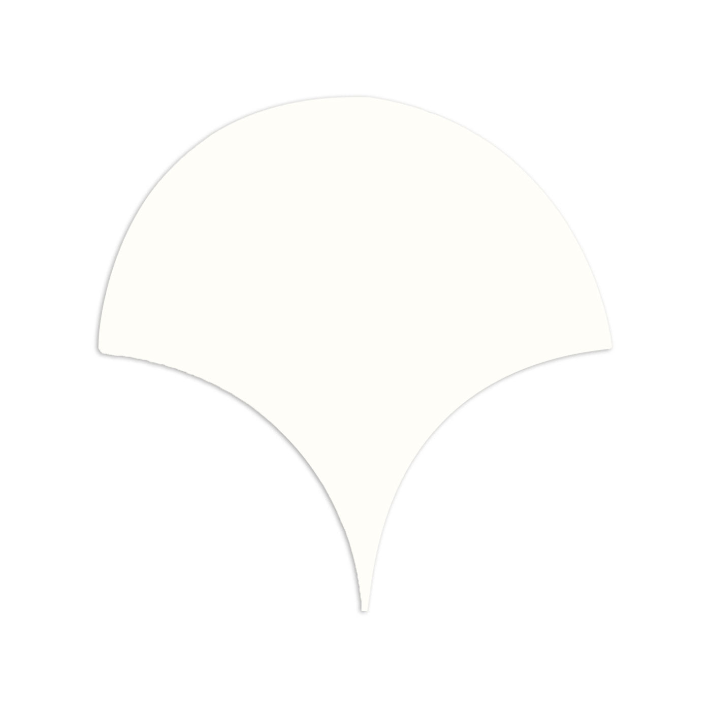 White fan-shaped Abanico Chalk tile sample by Clay Imports, showing a smooth texture and soft shadow.