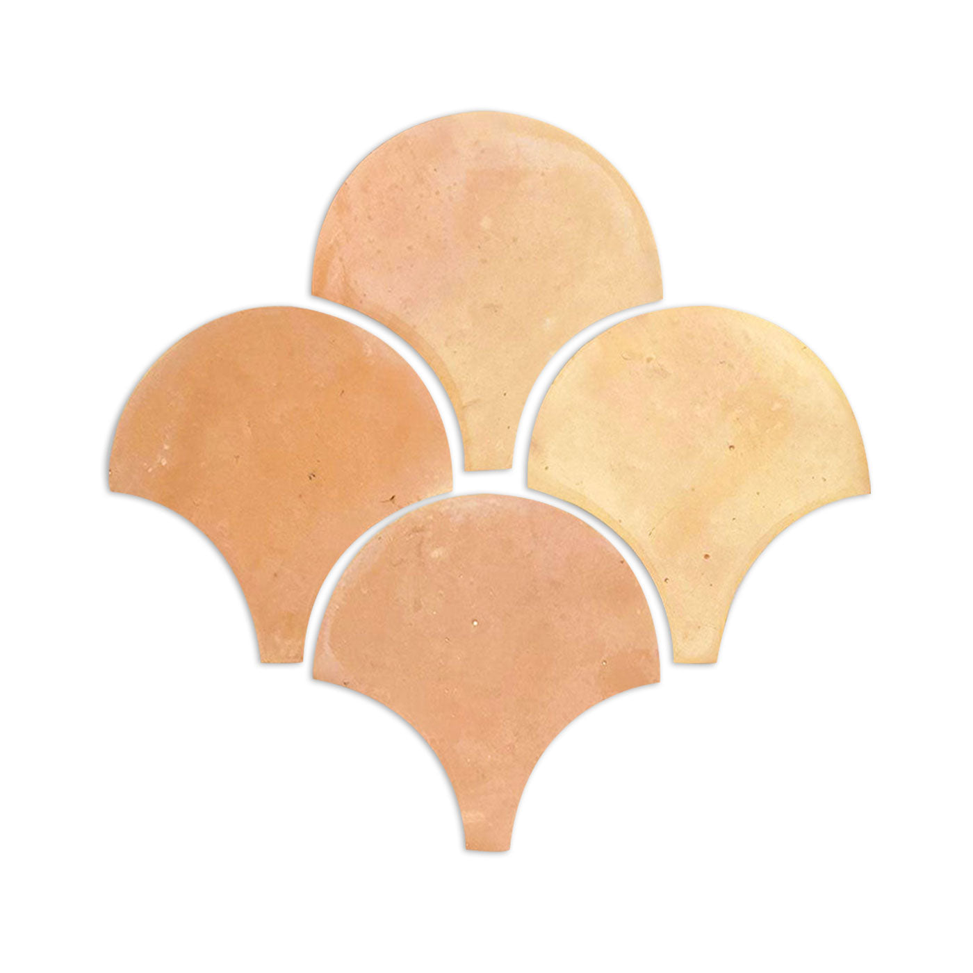 Four smooth matte terracotta Abanico fan tiles by Clay Imports, arranged in a clover pattern with slight color variation.